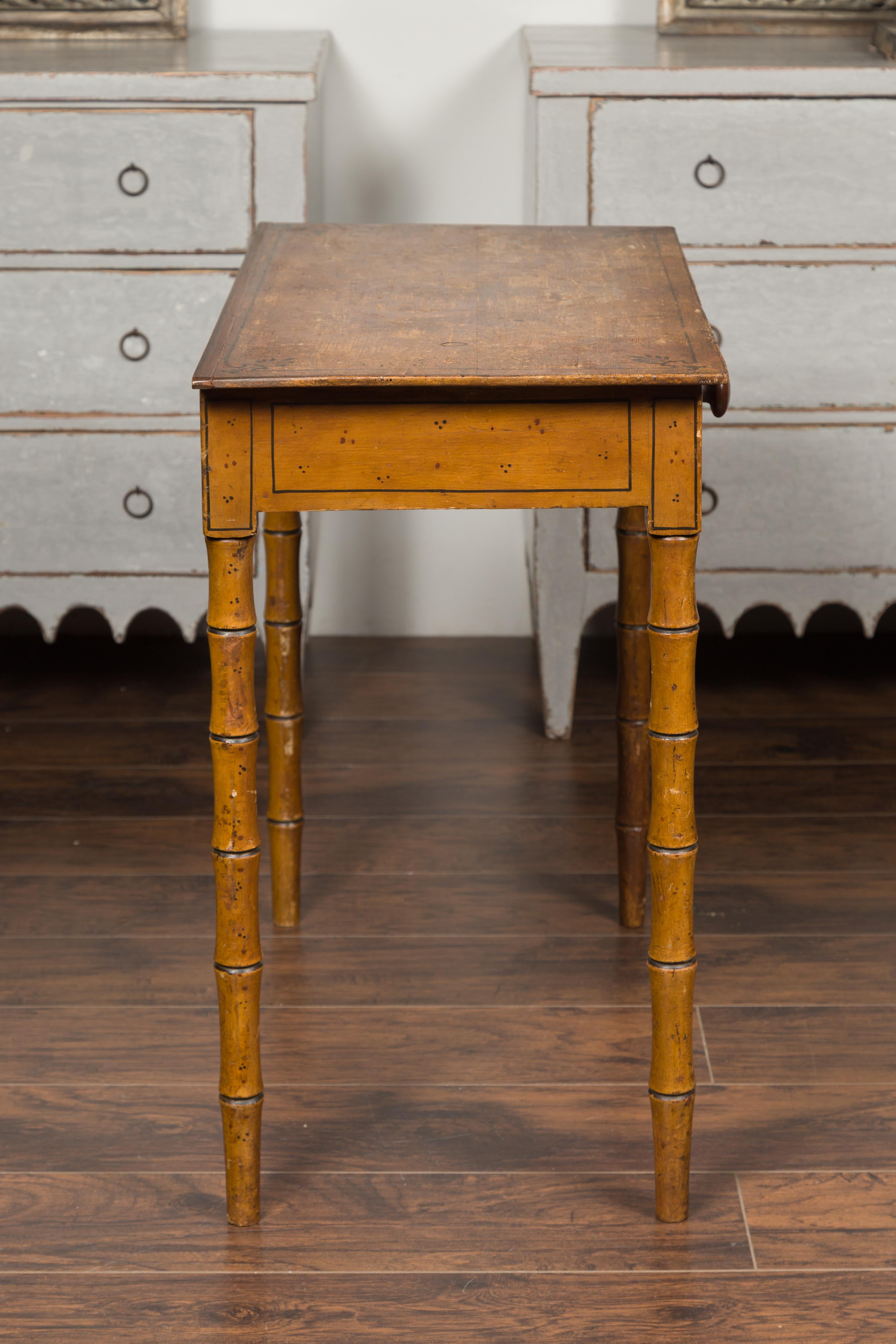 English 1880s Table with Painted Motifs, Two Drawers and Faux Bamboo Legs For Sale 7