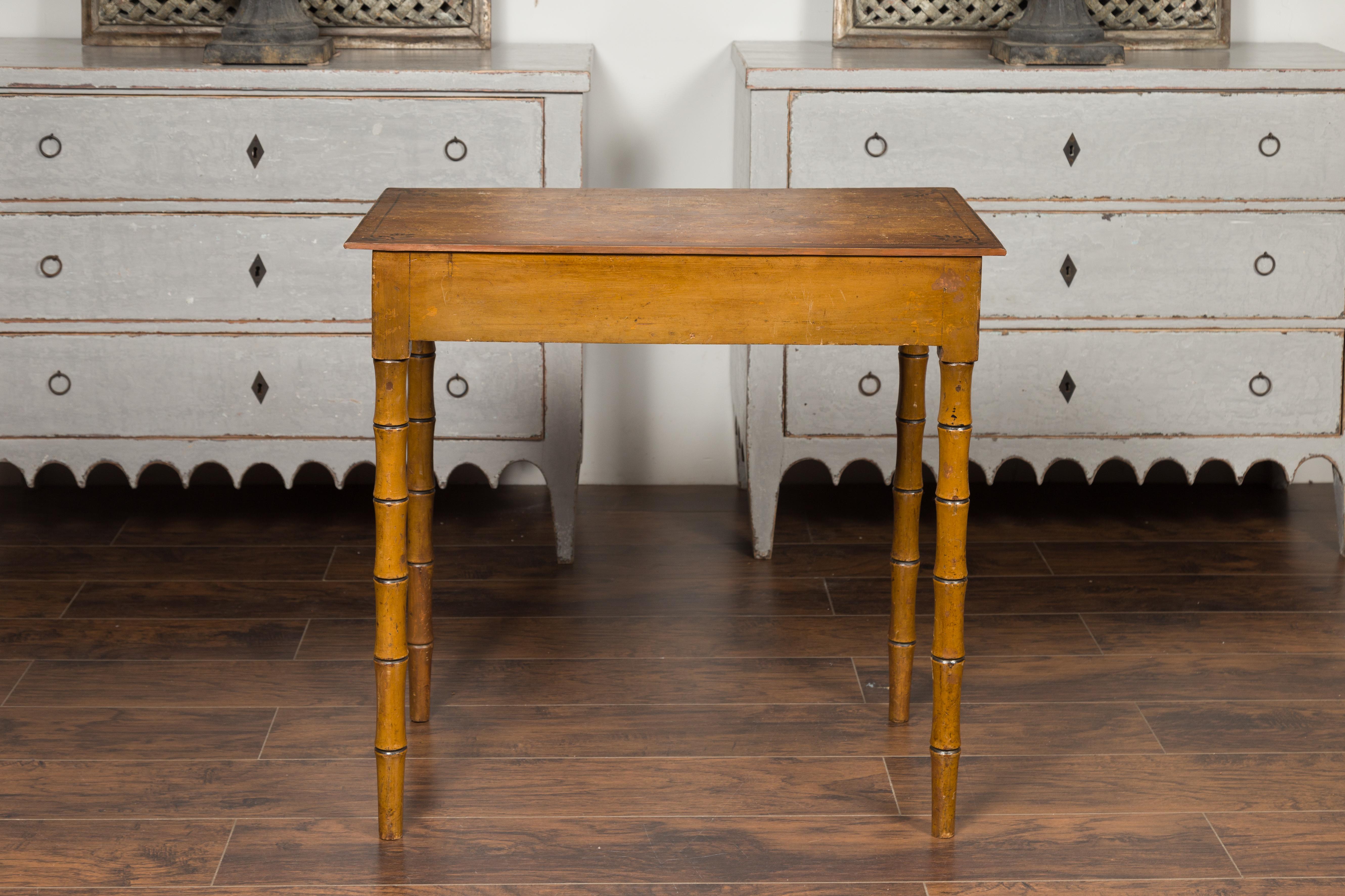 English 1880s Table with Painted Motifs, Two Drawers and Faux Bamboo Legs For Sale 8
