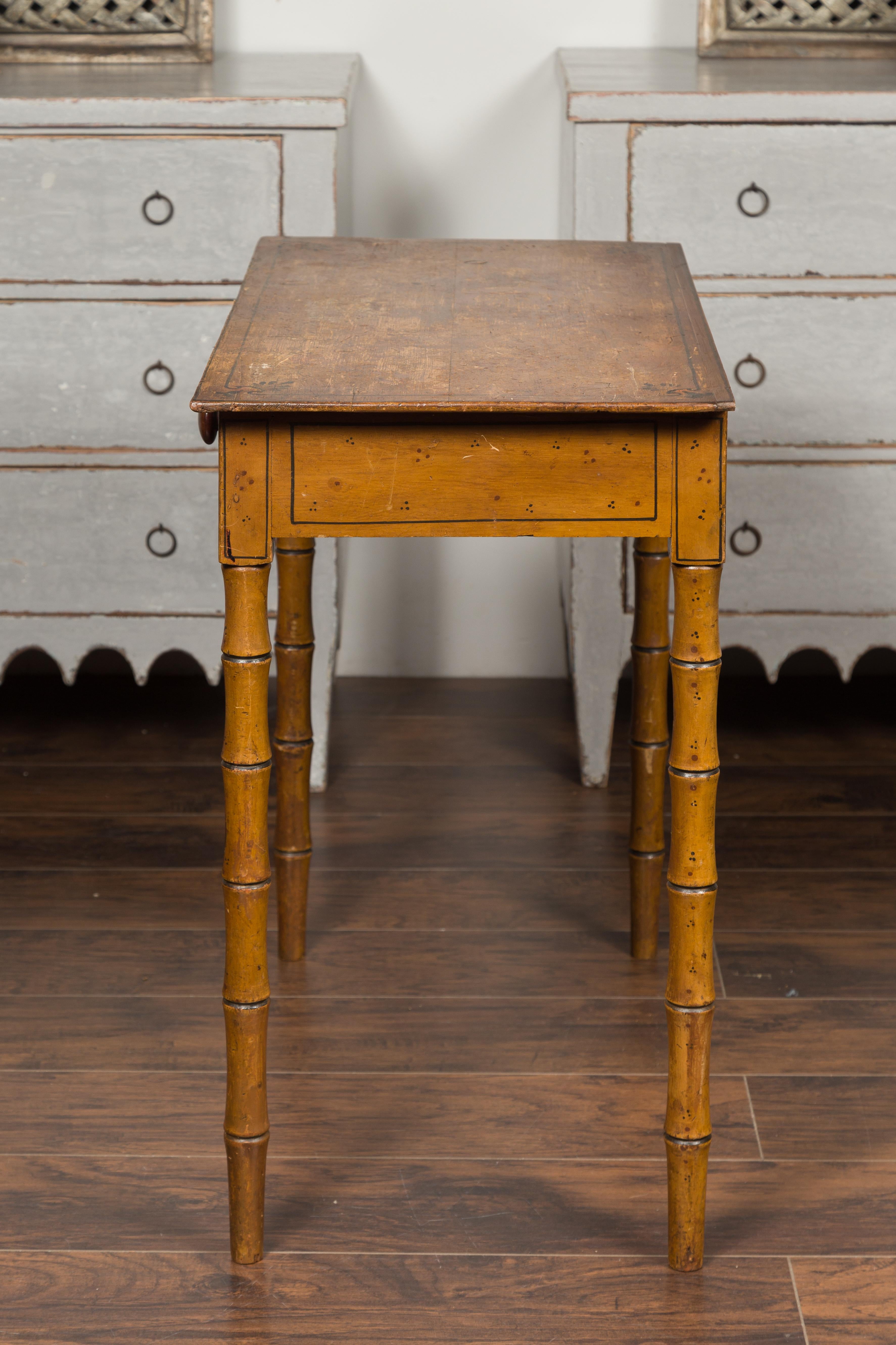 English 1880s Table with Painted Motifs, Two Drawers and Faux Bamboo Legs 9