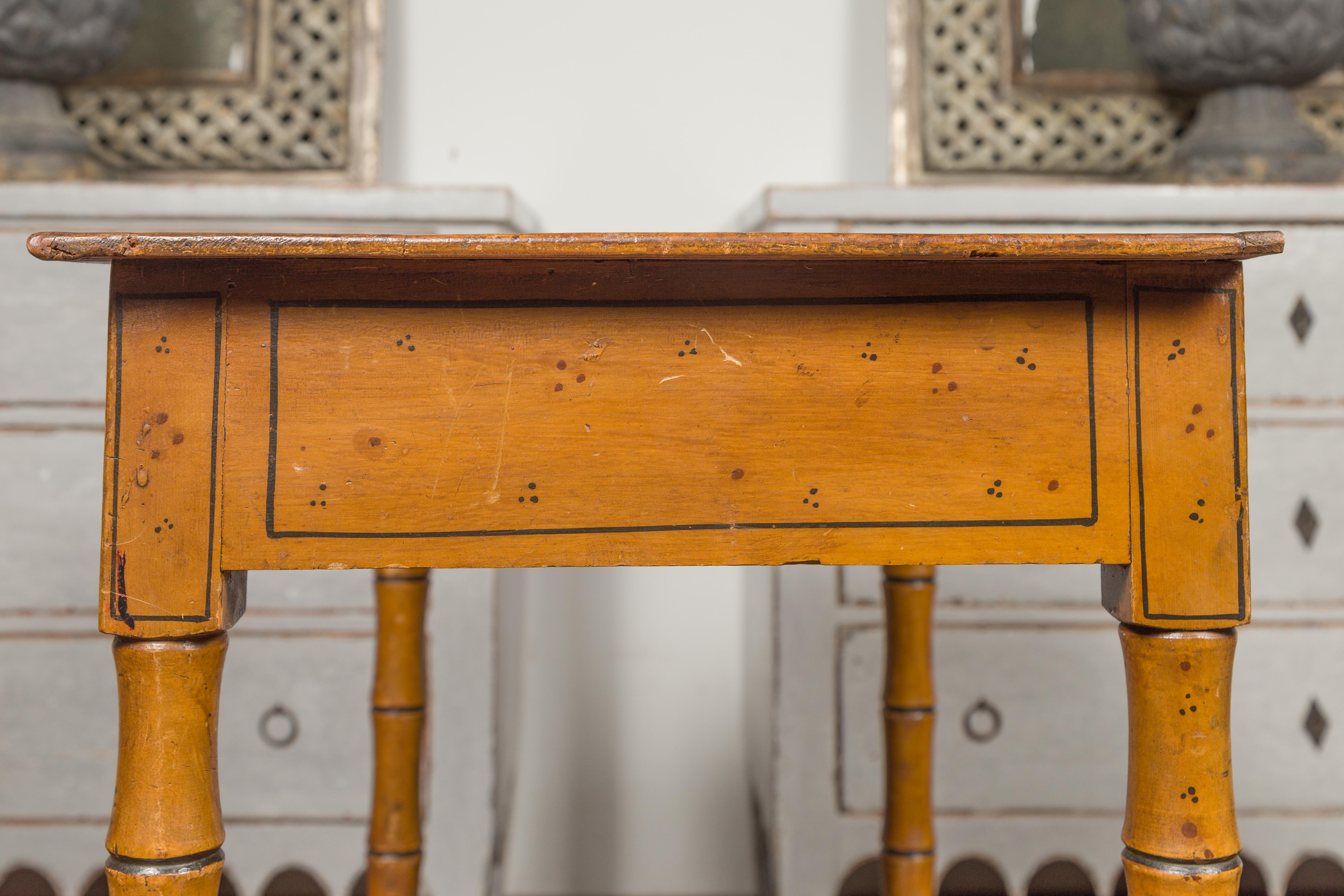 English 1880s Table with Painted Motifs, Two Drawers and Faux Bamboo Legs For Sale 10