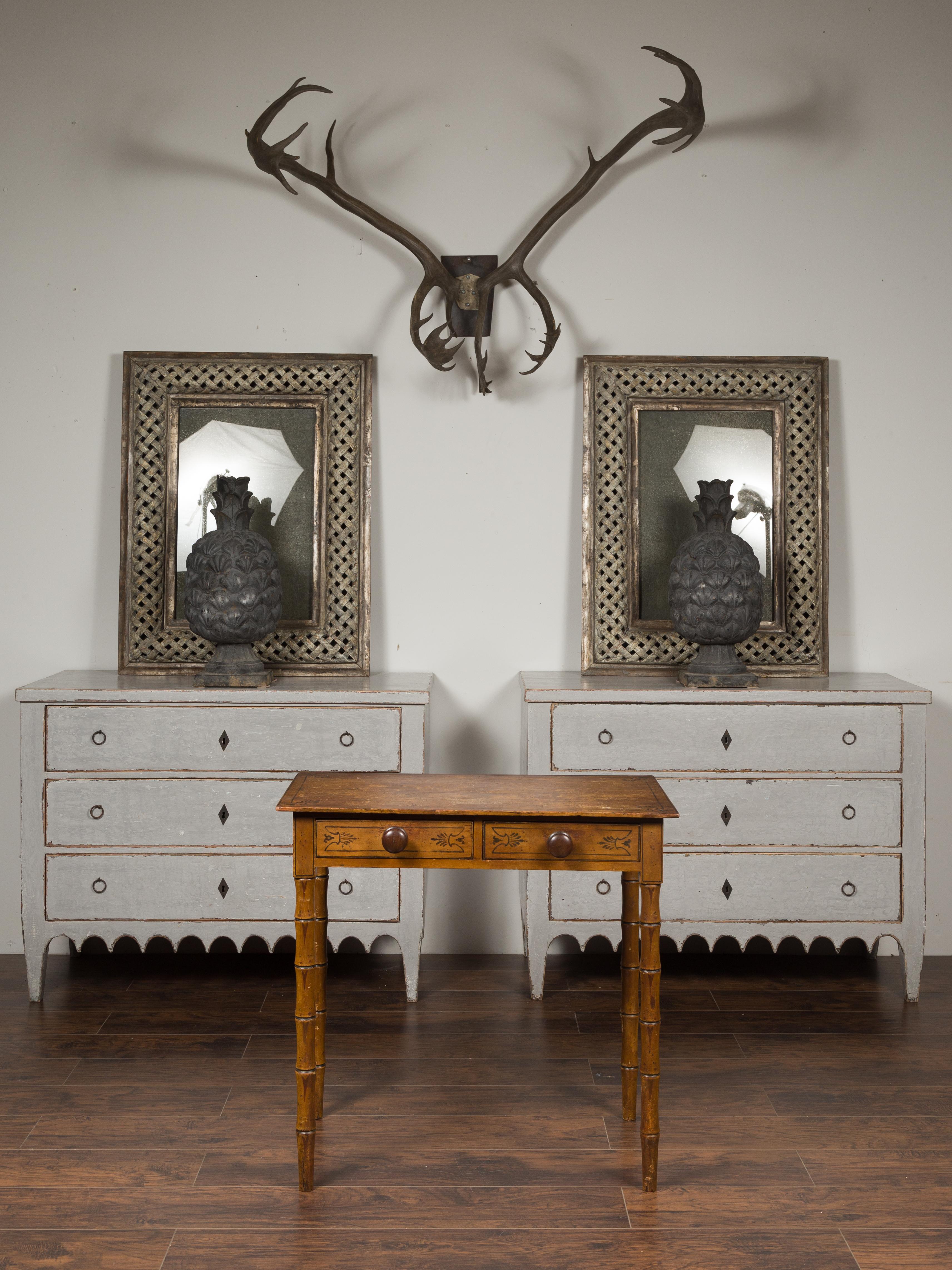 English 1880s Table with Painted Motifs, Two Drawers and Faux Bamboo Legs In Good Condition In Atlanta, GA
