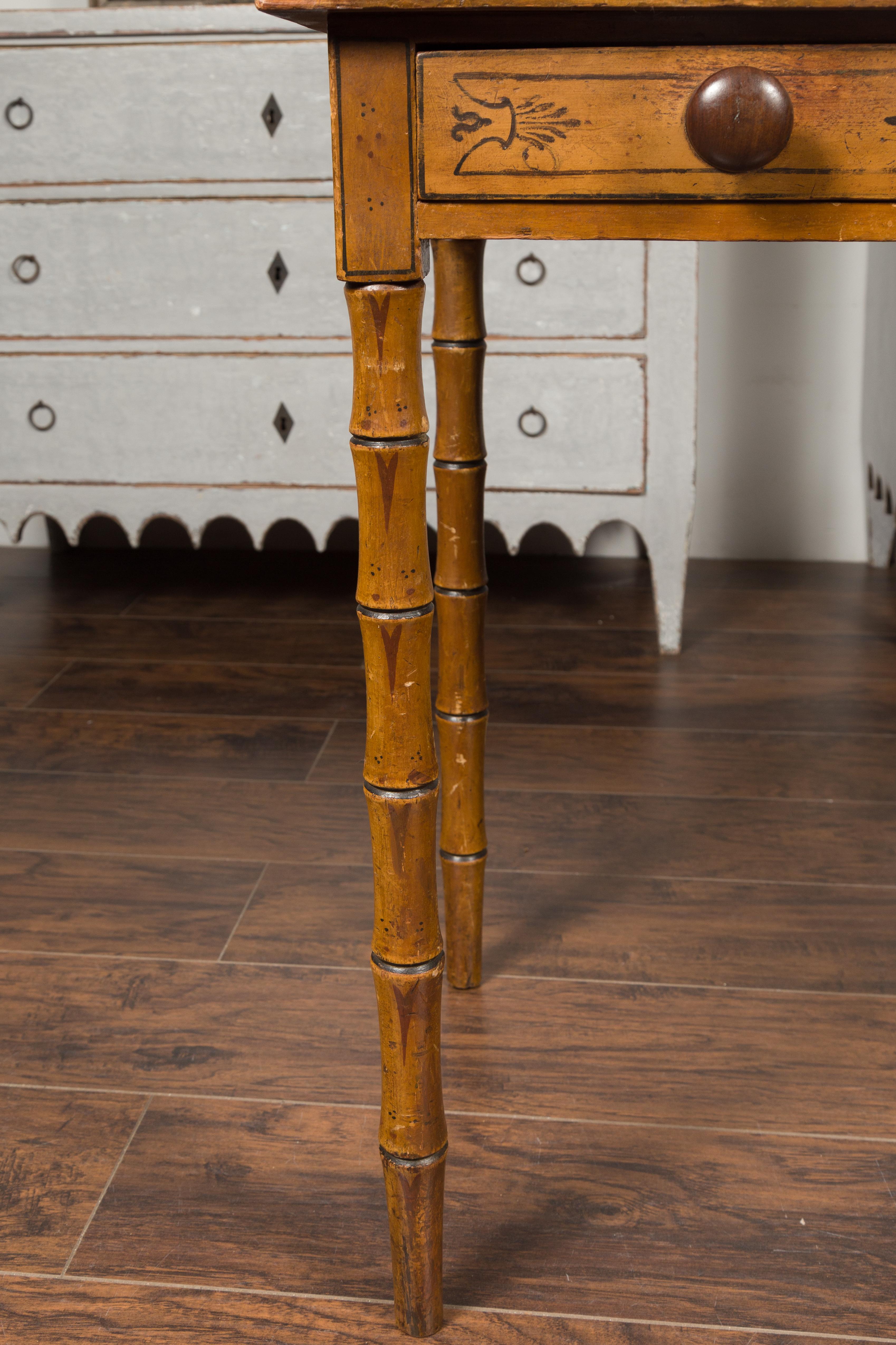 English 1880s Table with Painted Motifs, Two Drawers and Faux Bamboo Legs For Sale 3