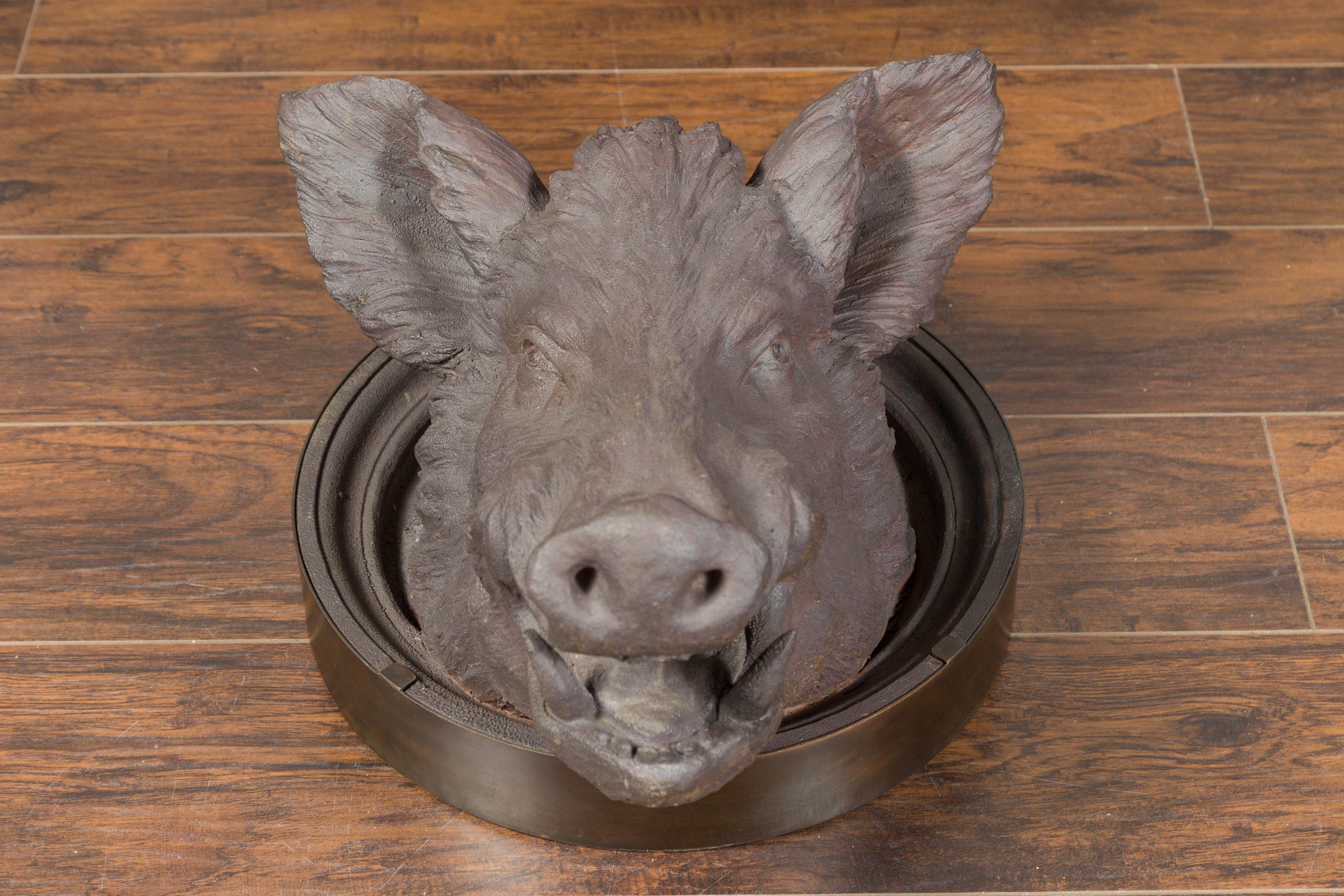 English 1880s Terracotta Hog Head Mounted on New Custom Circular Iron Frame For Sale 3