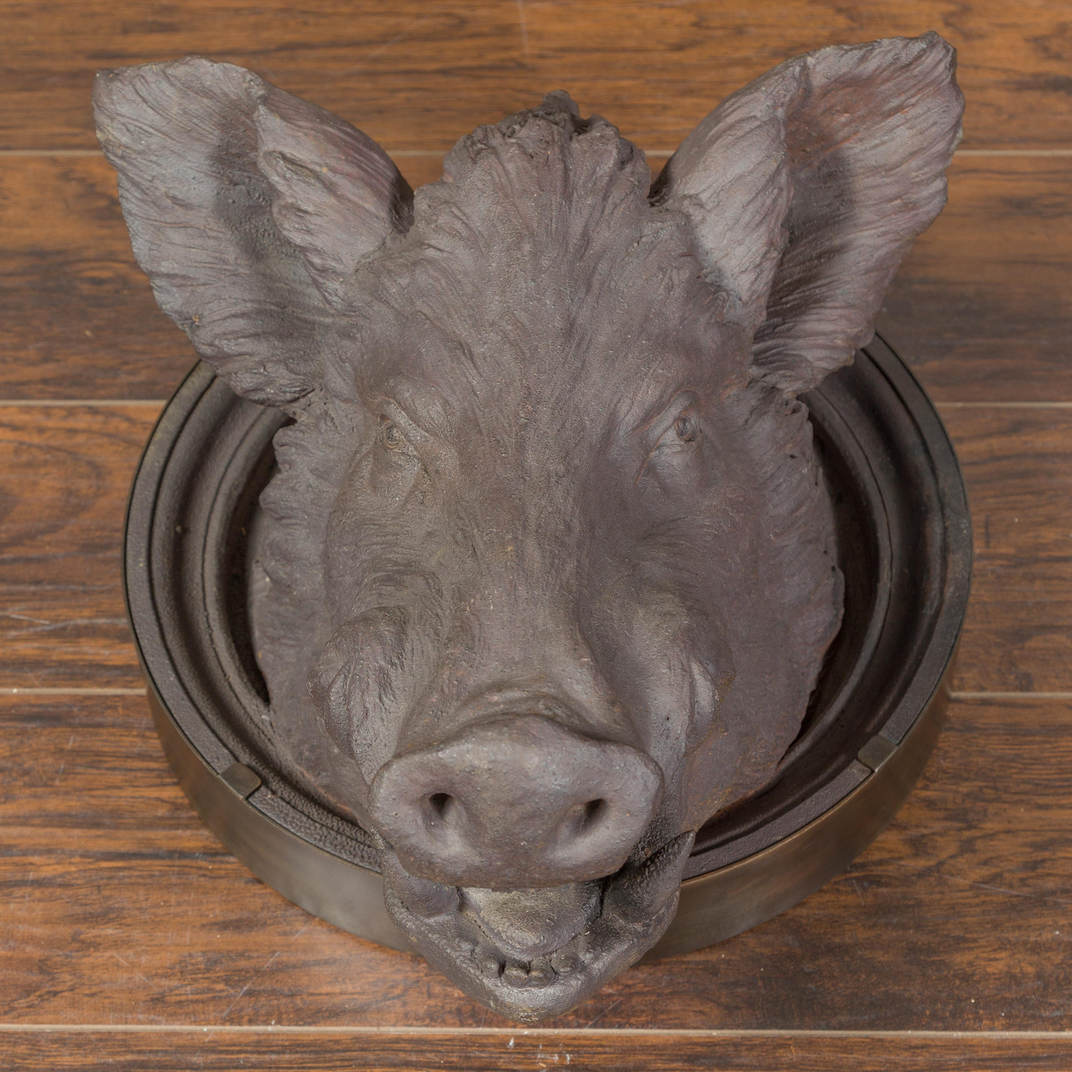 English 1880s Terracotta Hog Head Mounted on New Custom Circular Iron Frame For Sale 1