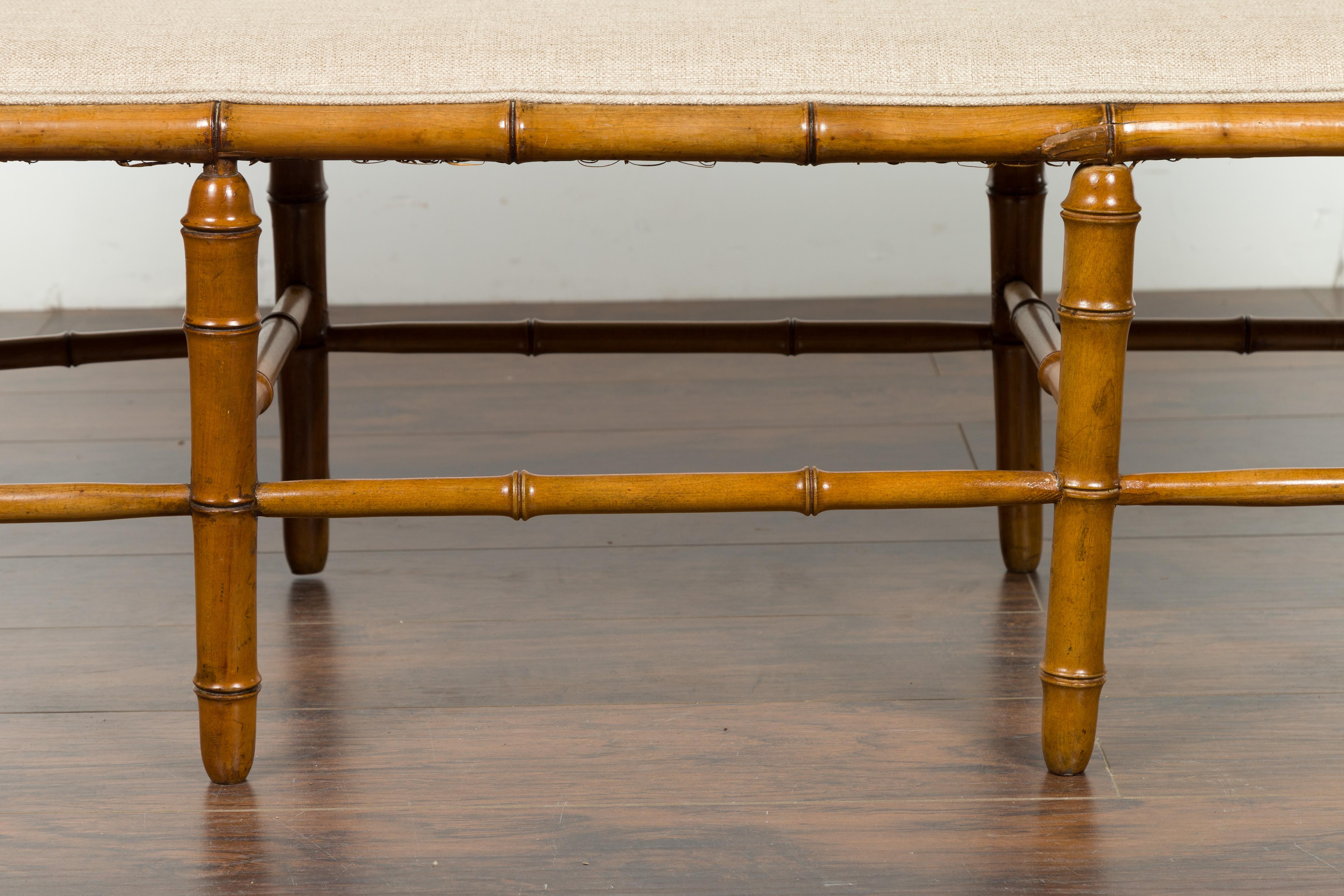 English 1880s Walnut Faux Bamboo Three-Seat Bench with New Linen Upholstery 7