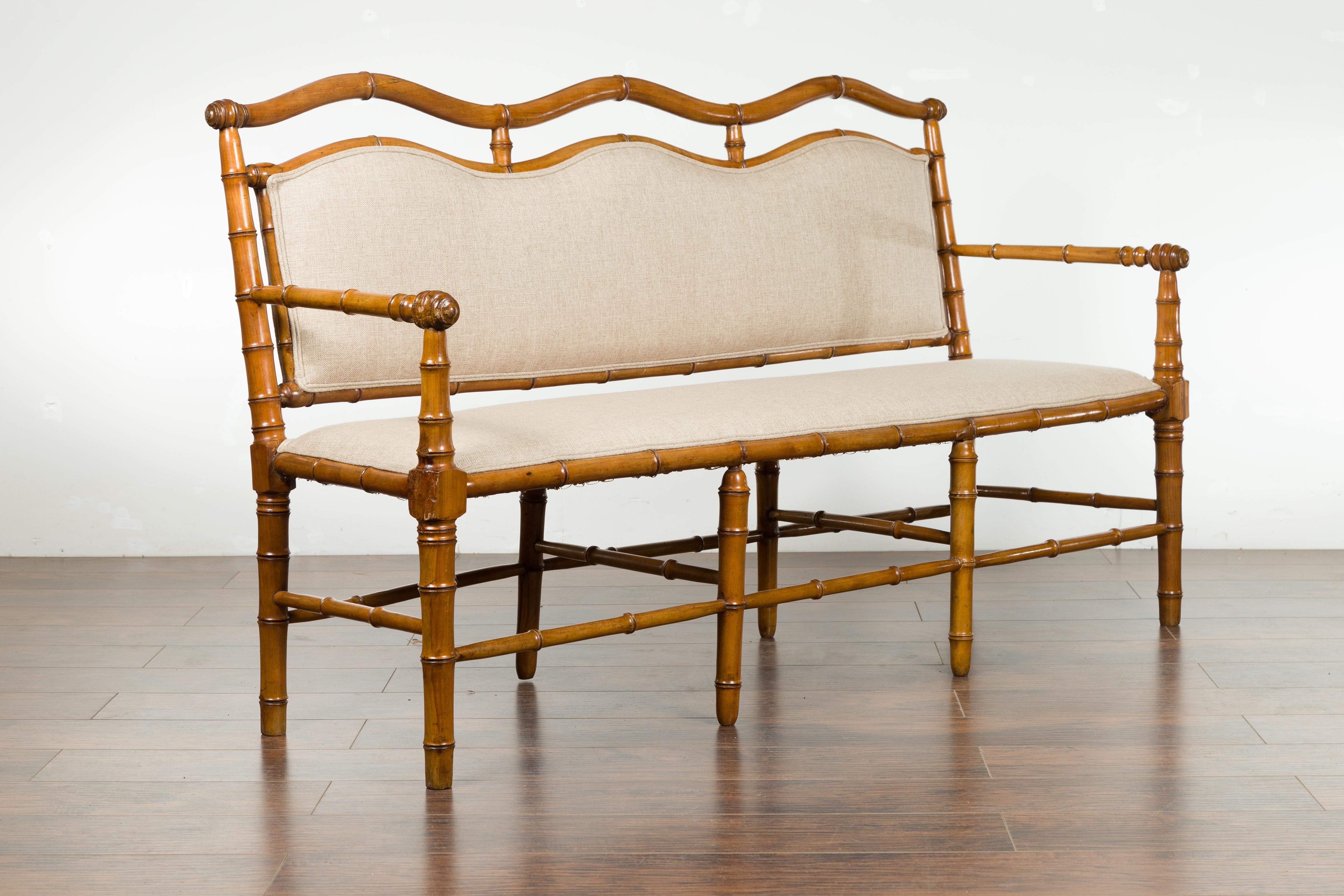 English 1880s Walnut Faux Bamboo Three-Seat Bench with New Linen Upholstery 8