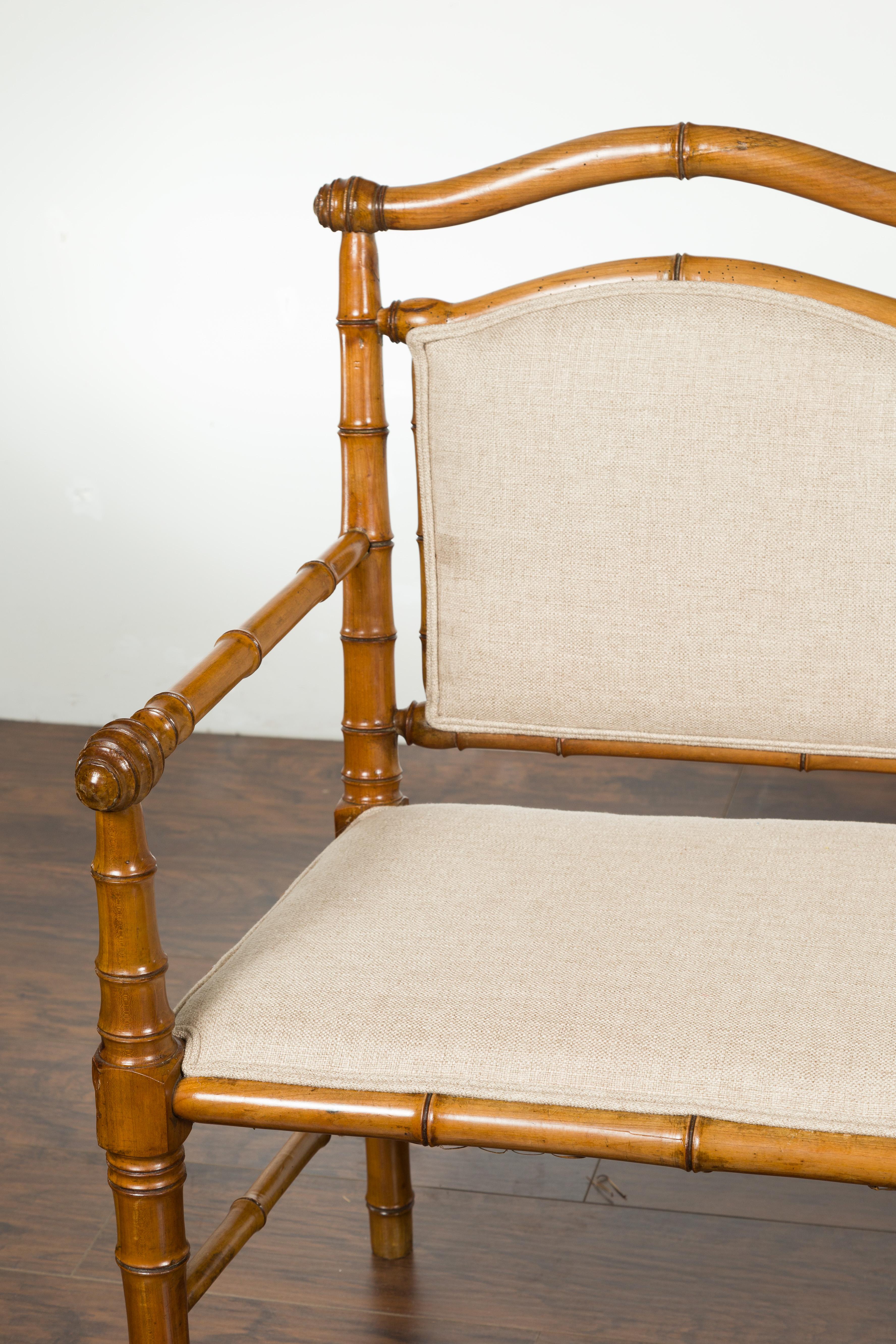 English 1880s Walnut Faux Bamboo Three-Seat Bench with New Linen Upholstery 3