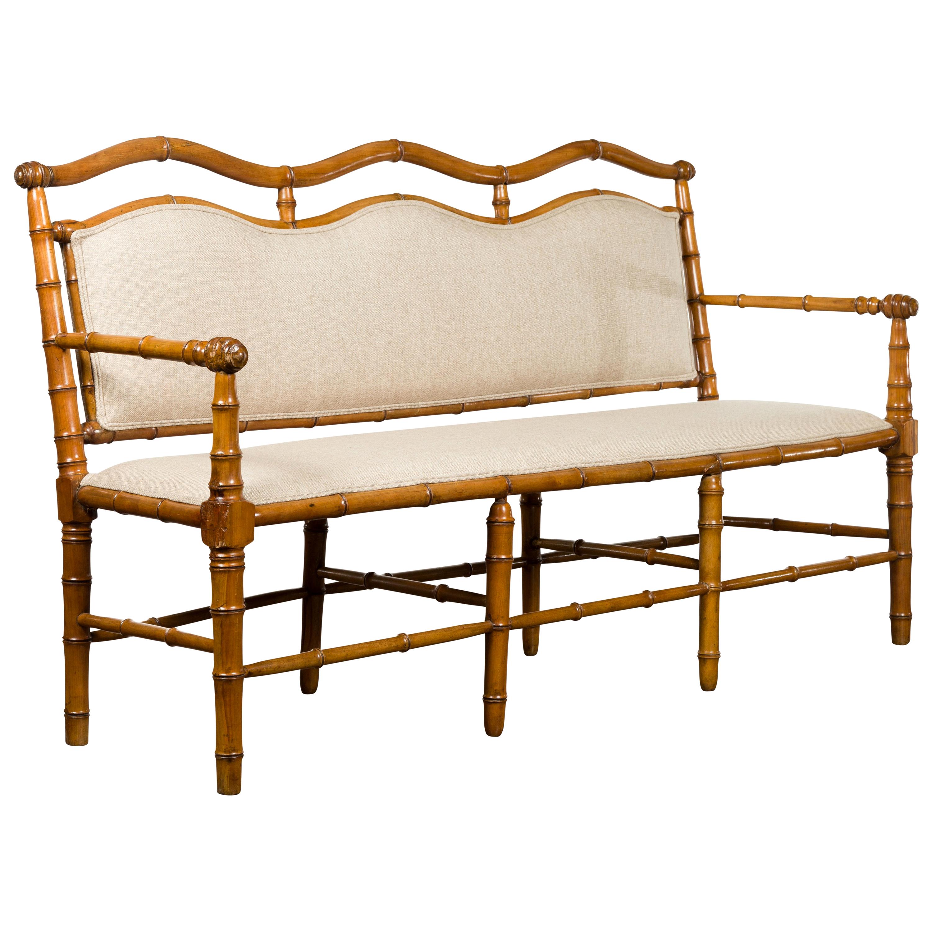 English 1880s Walnut Faux Bamboo Three-Seat Bench with New Linen Upholstery