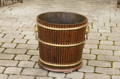 English 1880s Wood Bucket Planter with Reeded Motifs and Stylized Brass Bulls