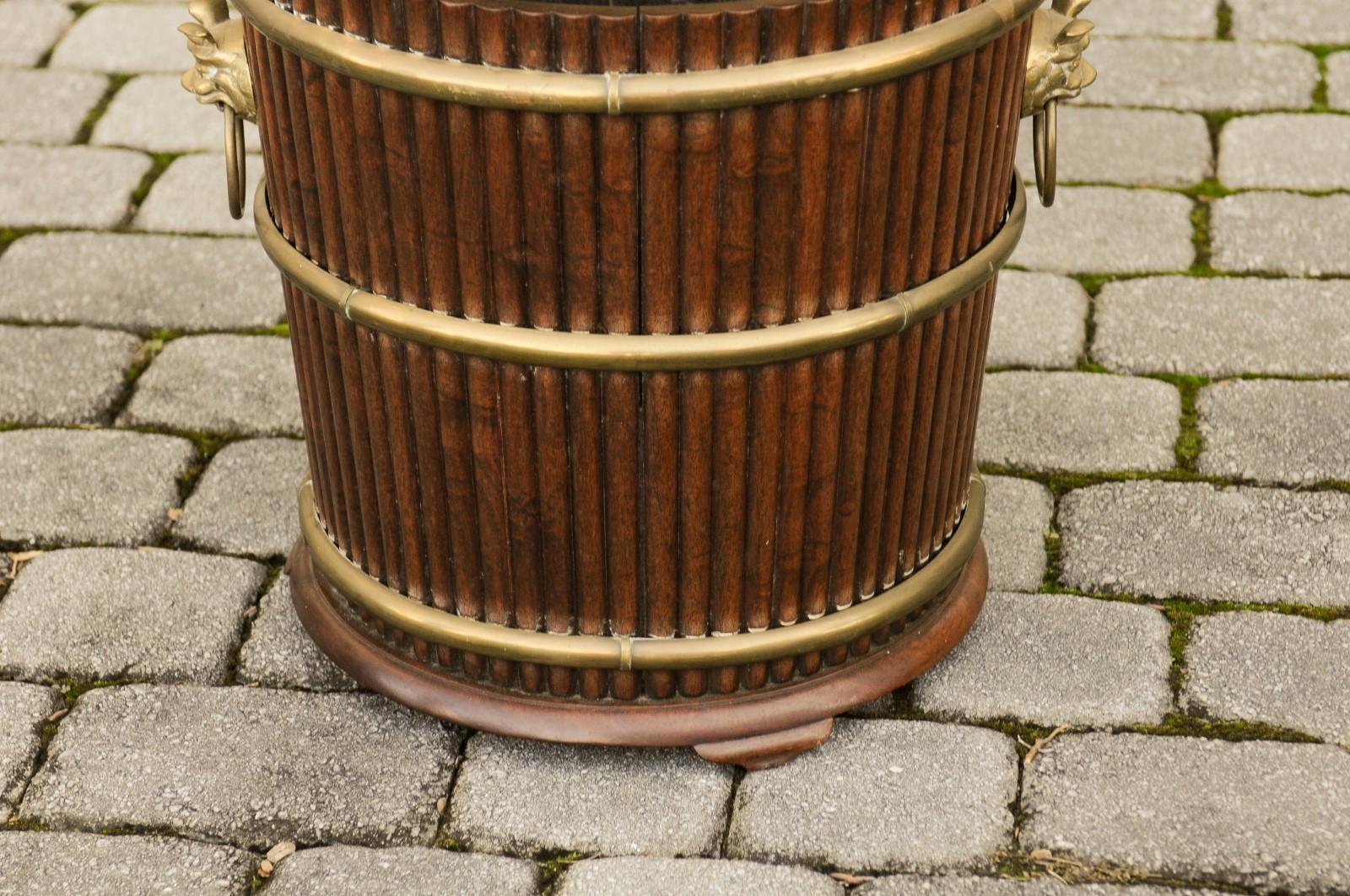 English 1880s Wood Bucket Planter with Reeded Motifs and Stylized Brass Bulls 1