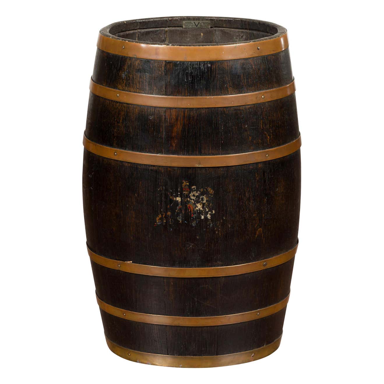 English 1880s Wooden Barrel with Brass Braces and Traces of Polychrome ...