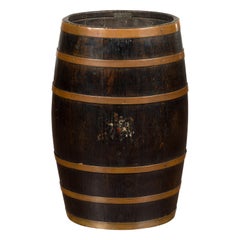 English 1880s Wooden Barrel with Brass Braces and Traces of Polychrome Décor
