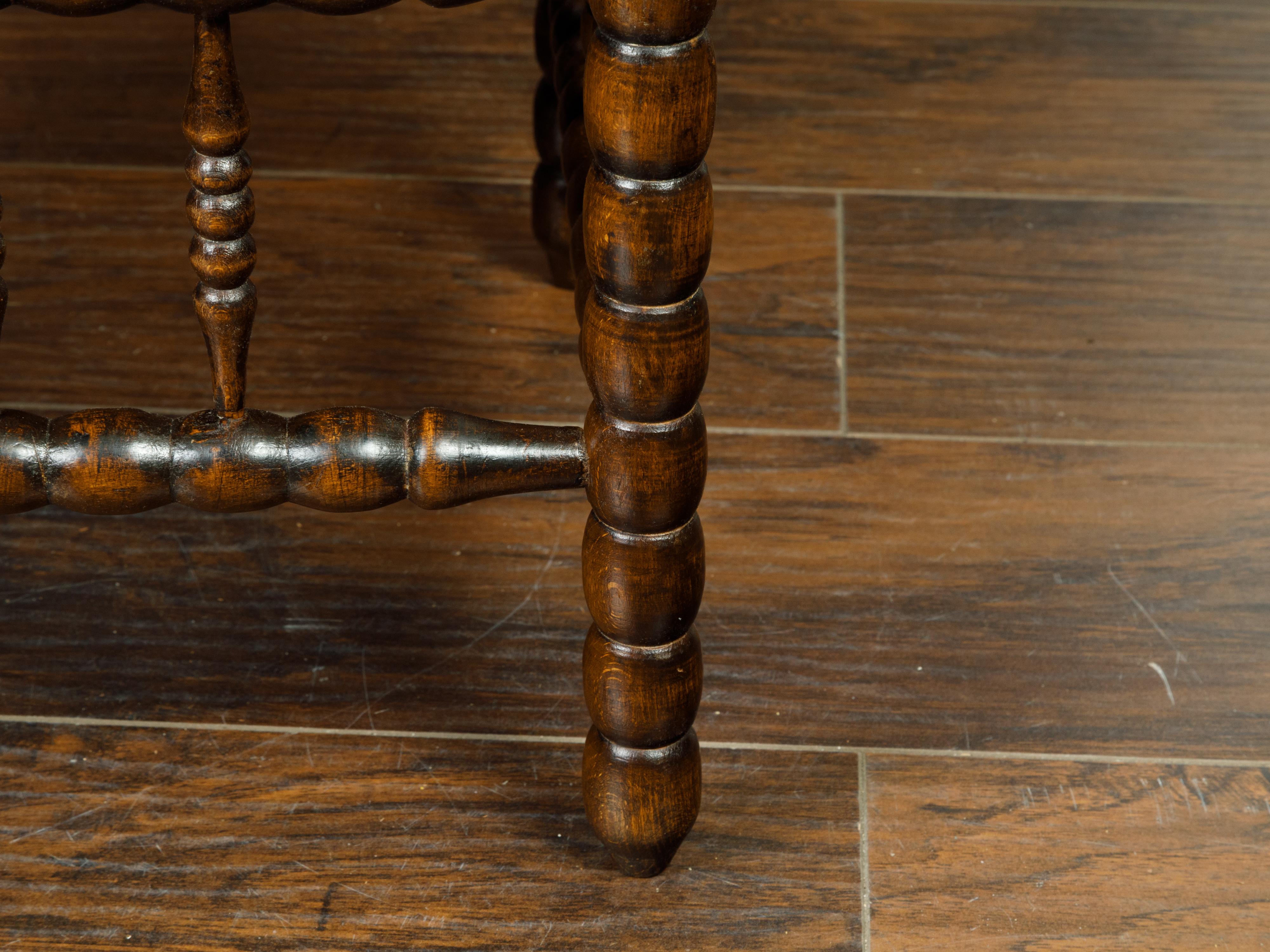 English 1880s Wooden Bobbin Stool with New Upholstery and Side Stretchers In Good Condition In Atlanta, GA