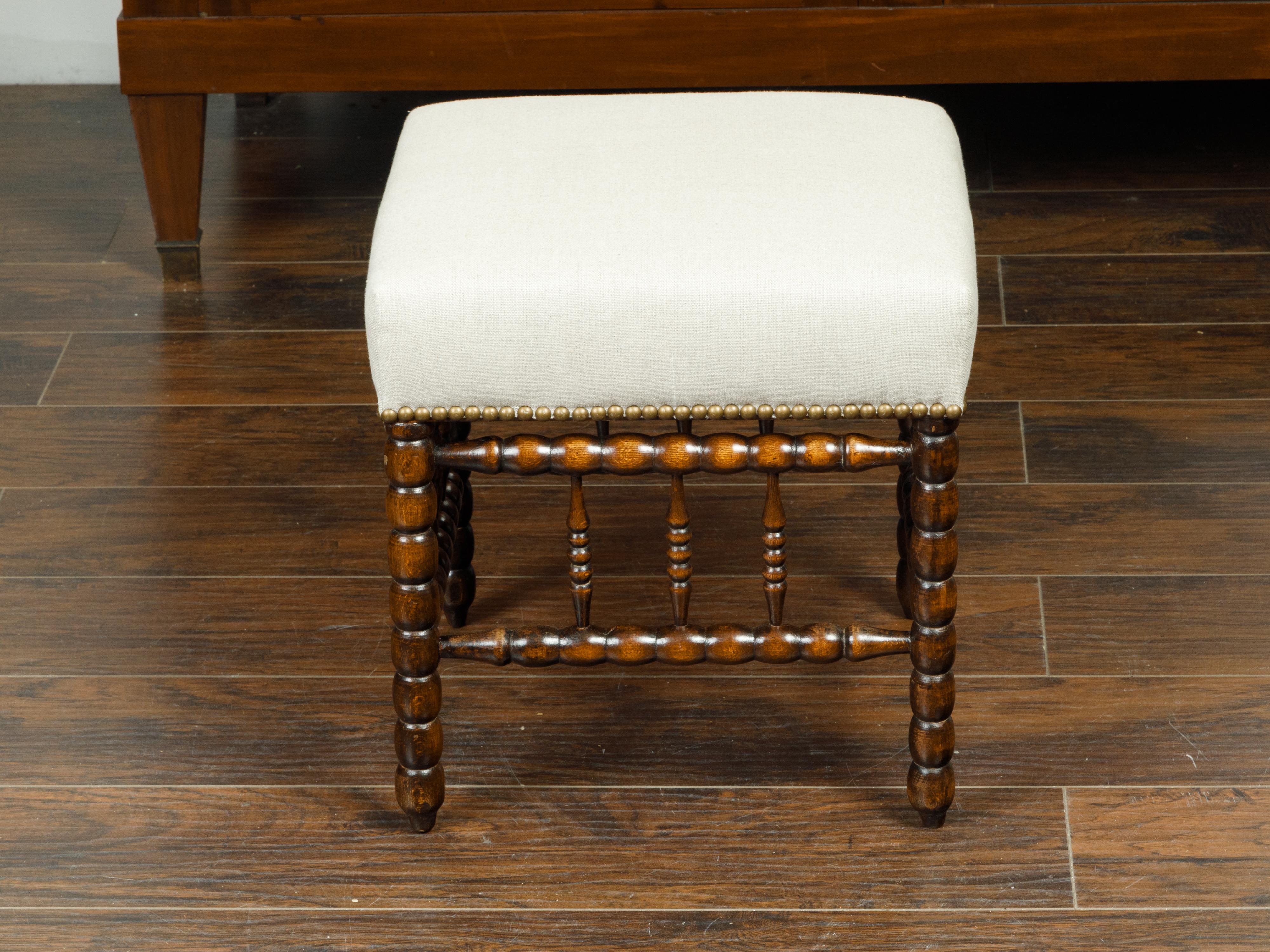 19th Century English 1880s Wooden Bobbin Stool with New Upholstery and Side Stretchers