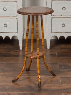 English 1890s Bamboo Side Table with Circular Wooden Top and Lower Shelf