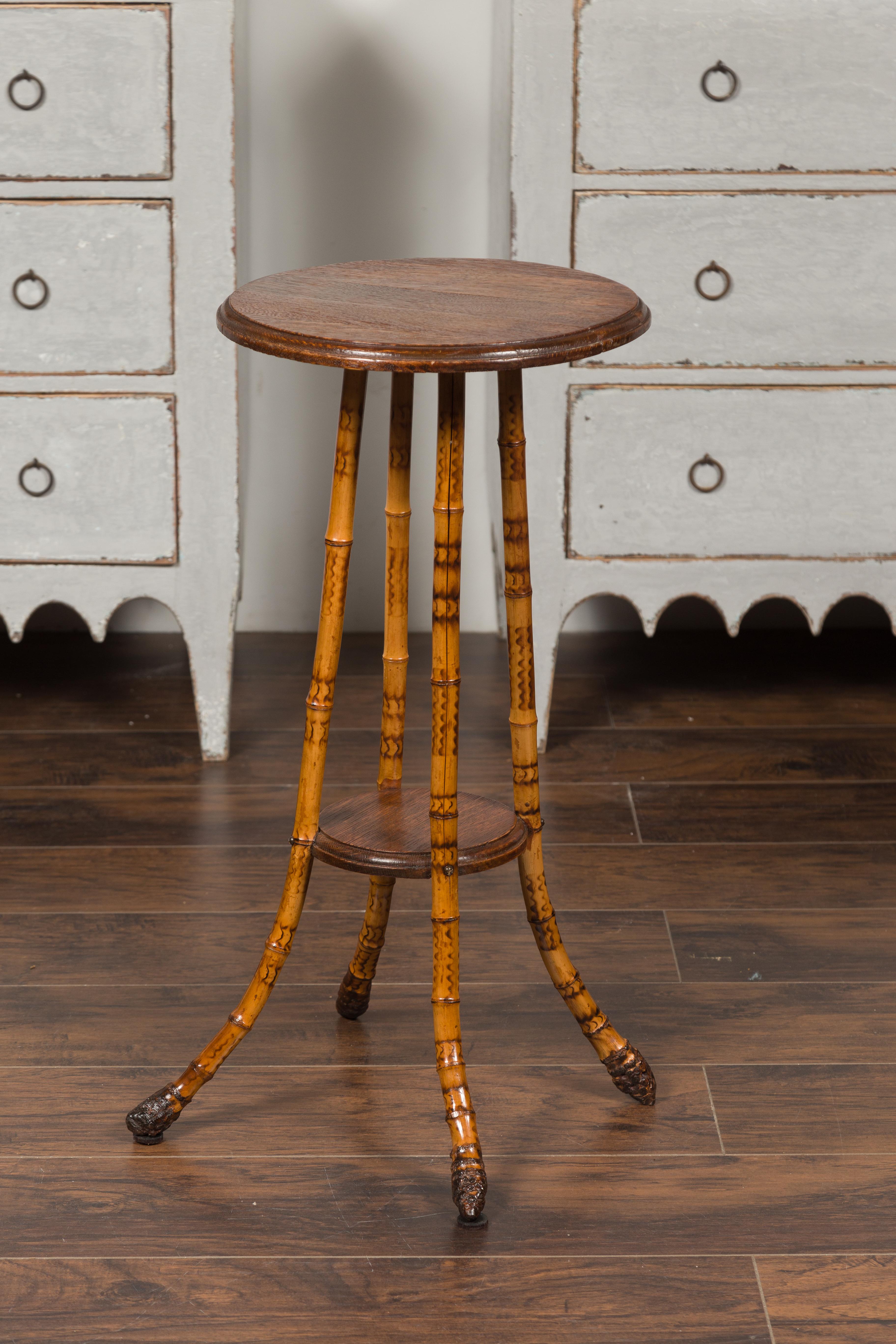 English 1890s Bamboo Side Table with Circular Wooden Top and Lower Shelf 3