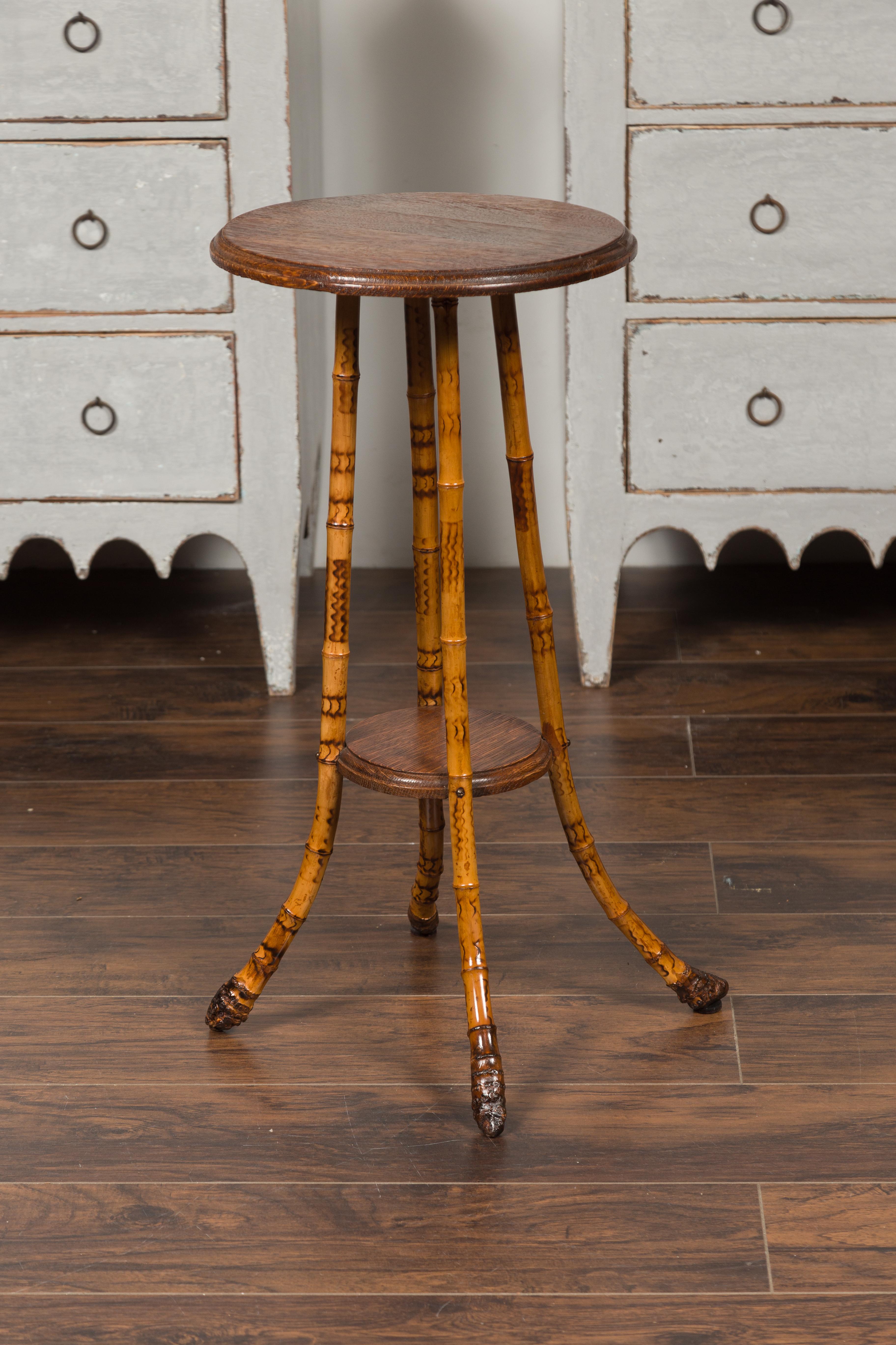 English 1890s Bamboo Side Table with Circular Wooden Top and Lower Shelf 4