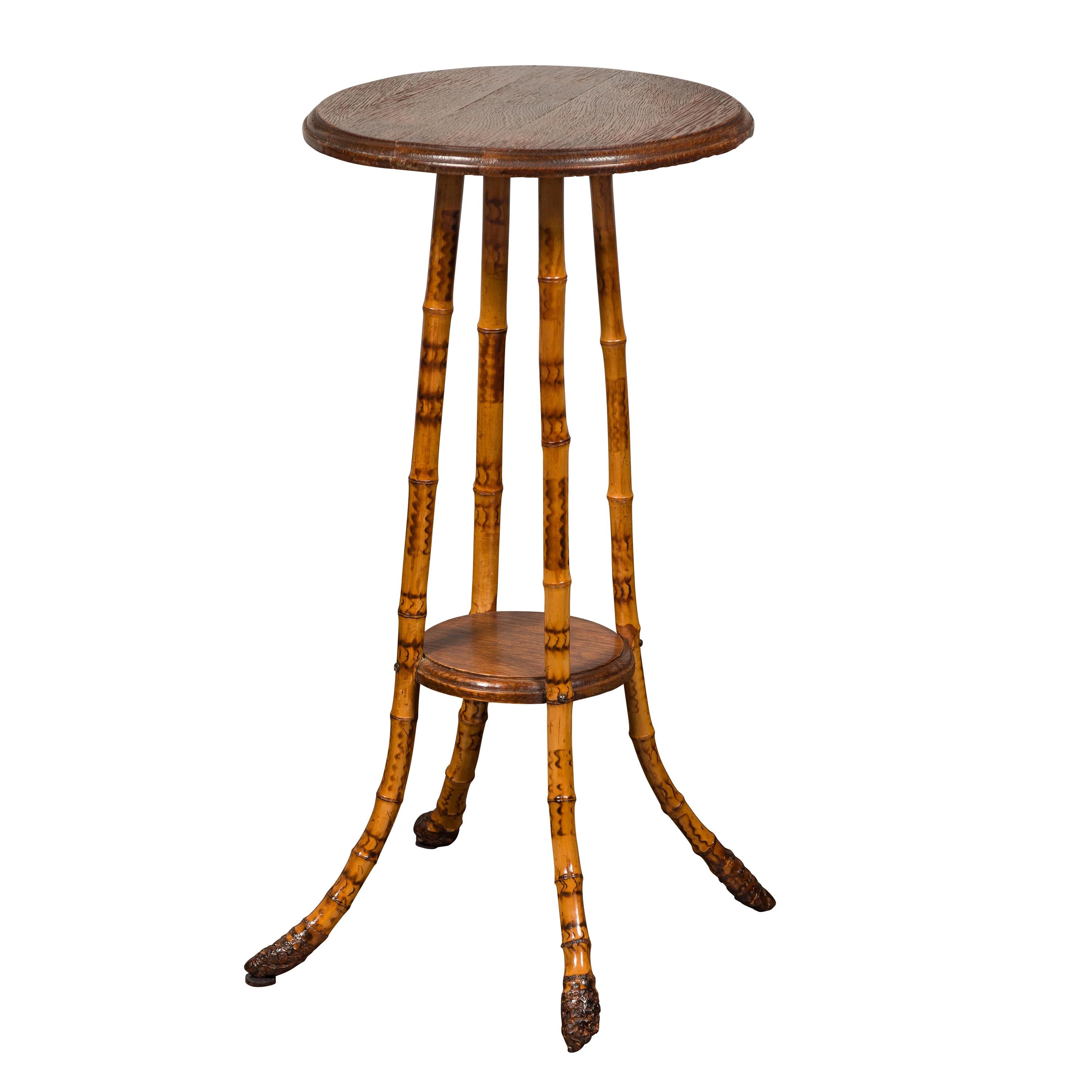English 1890s Bamboo Side Table with Circular Wooden Top and Lower Shelf