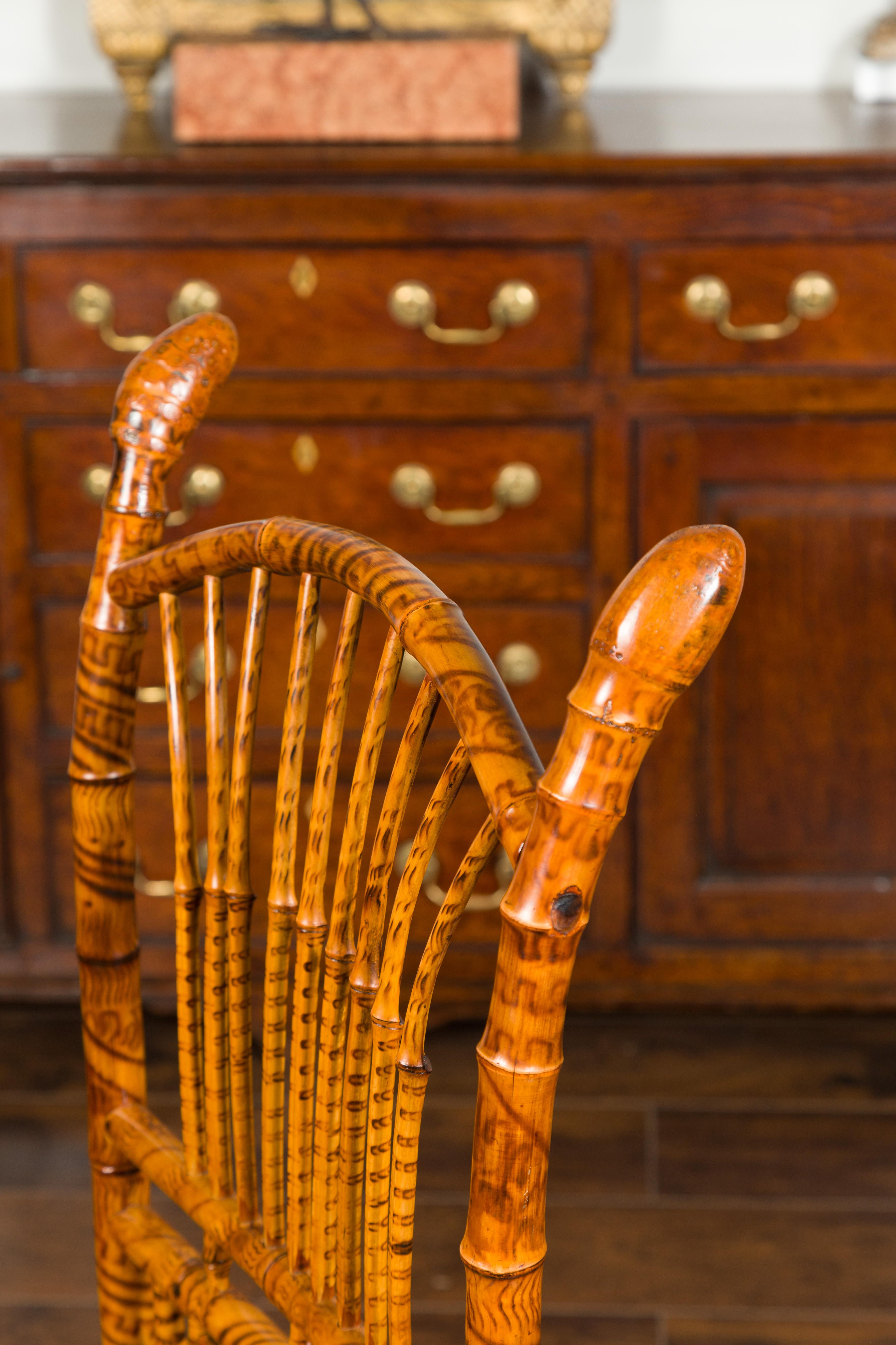 English 1890s Bamboo Slipper Chair with Fan Back, Rattan Seat and Casters For Sale 7