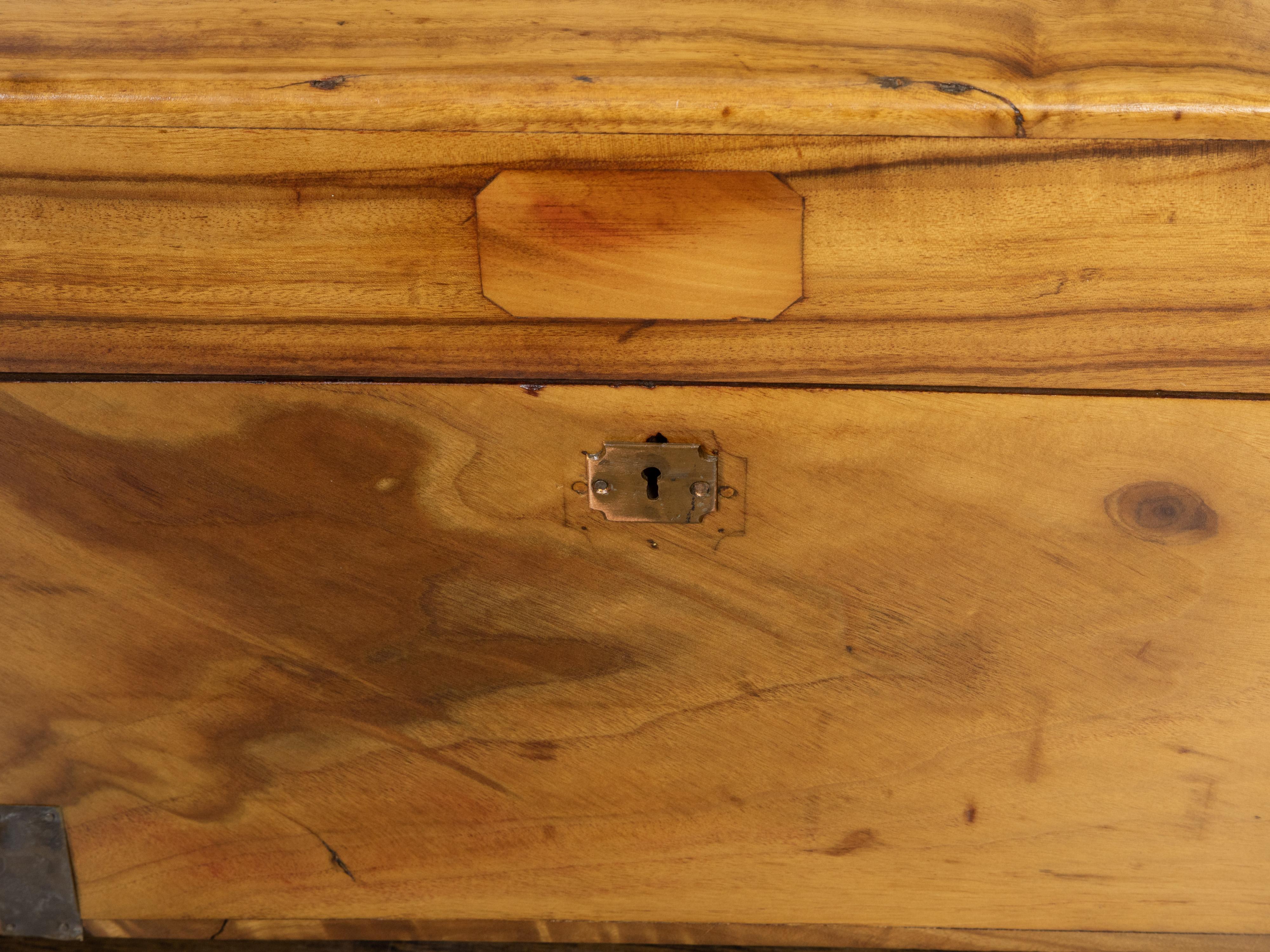 Petite malle en bois de camphrier des années 1890 avec accents en laiton et pieds en consoles en vente 1