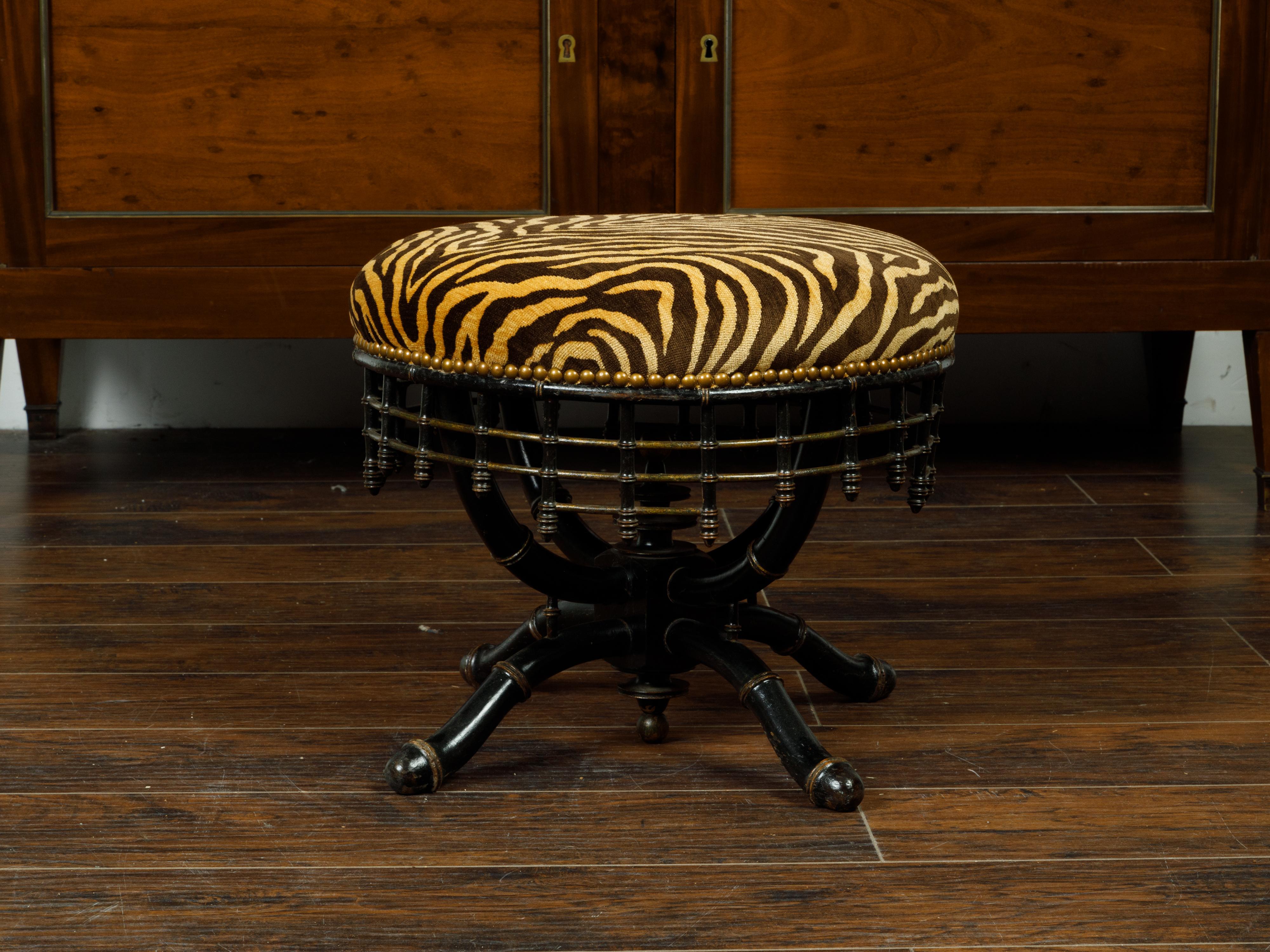 19th Century English 1890s Ebonized Faux Bamboo Stool with Tiger Striped Upholstery