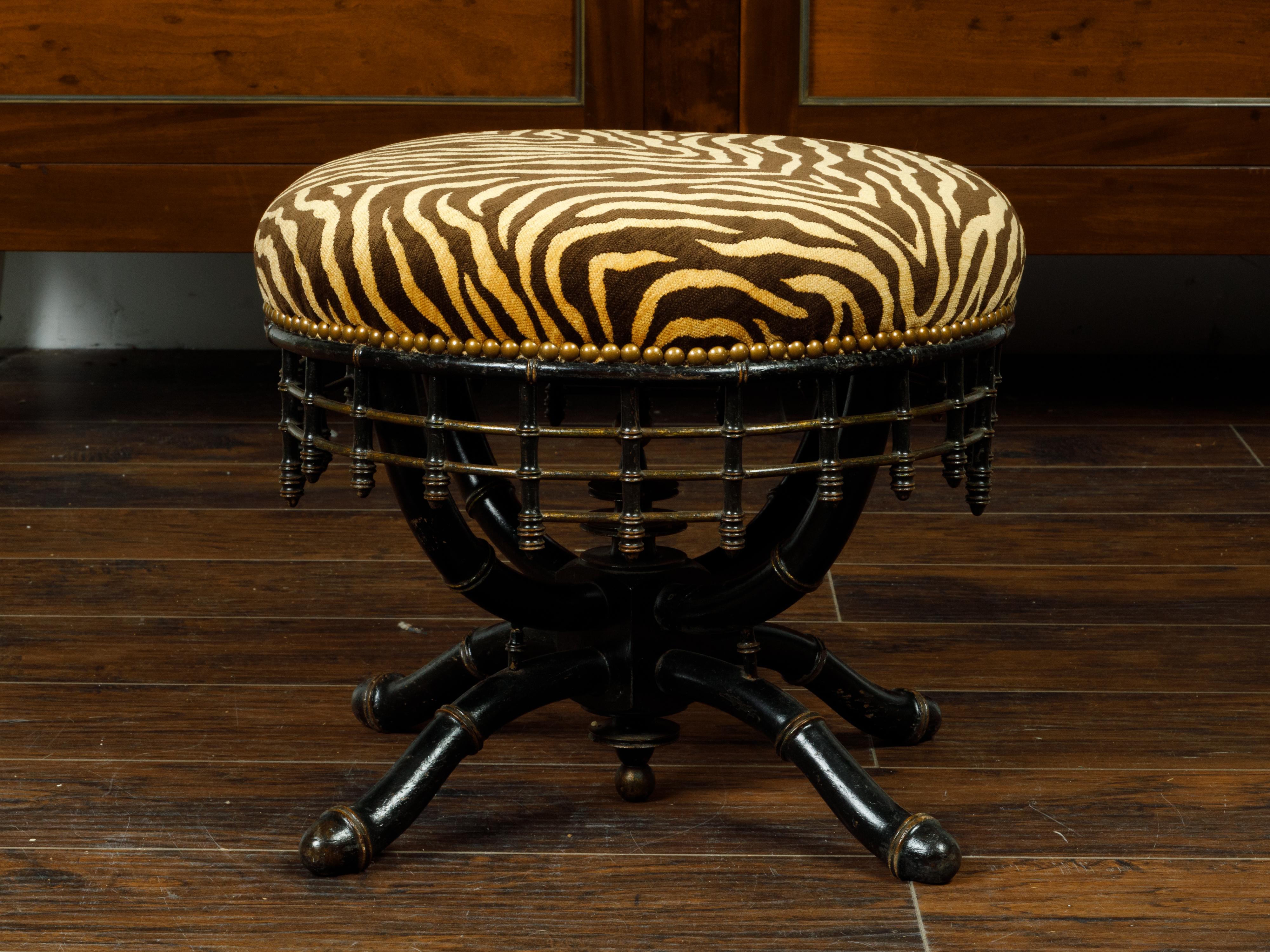 English 1890s Ebonized Faux Bamboo Stool with Tiger Striped Upholstery 1