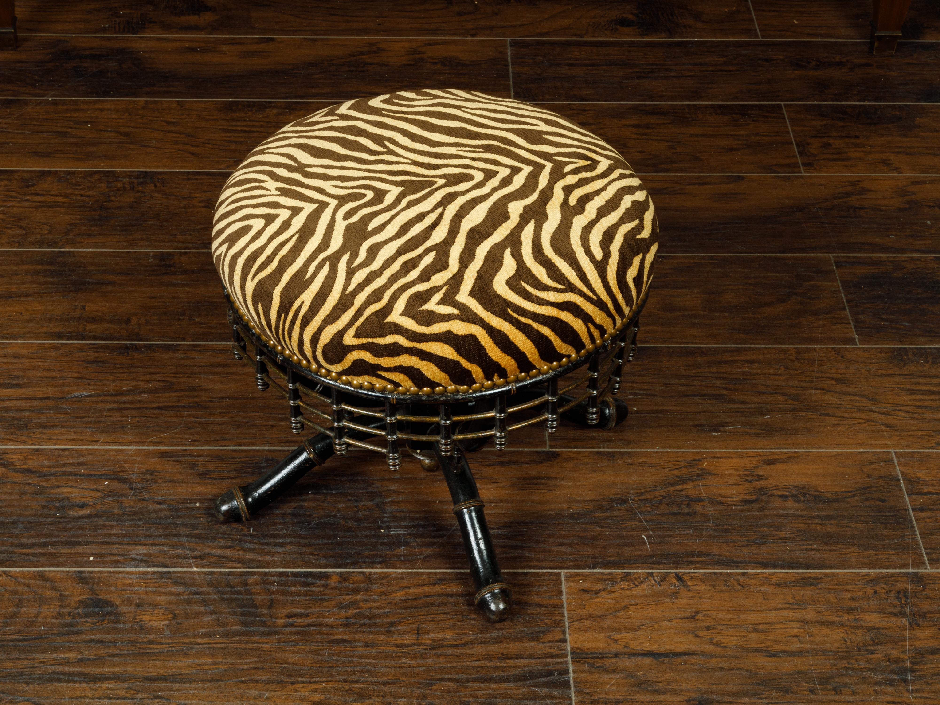 English 1890s Ebonized Faux Bamboo Stool with Tiger Striped Upholstery 2