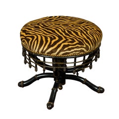 English 1890s Ebonized Faux Bamboo Stool with Tiger Striped Upholstery