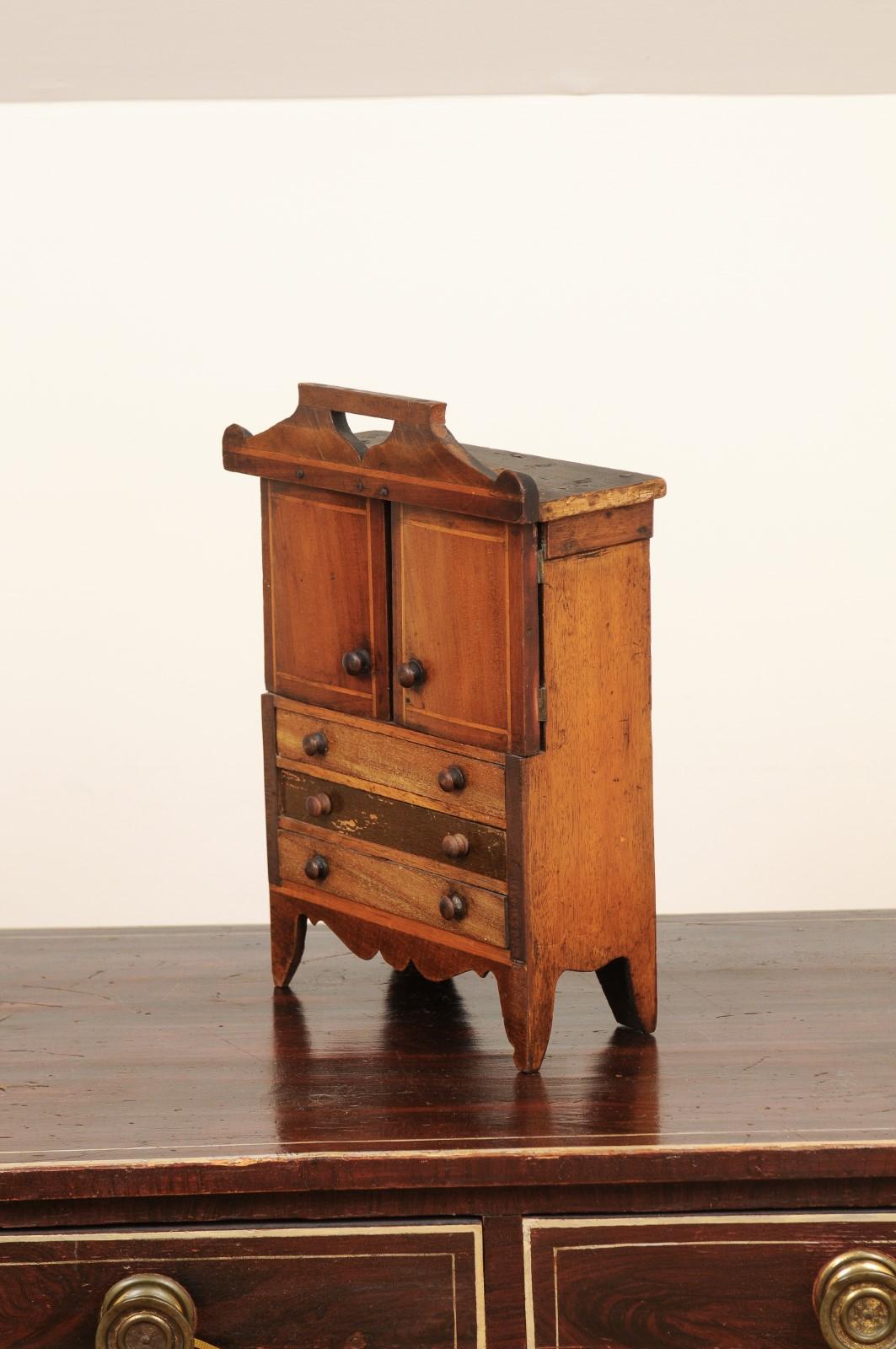 English 1890s Fruitwood Miniature Cabinet with Petite Doors and Three Drawers 9