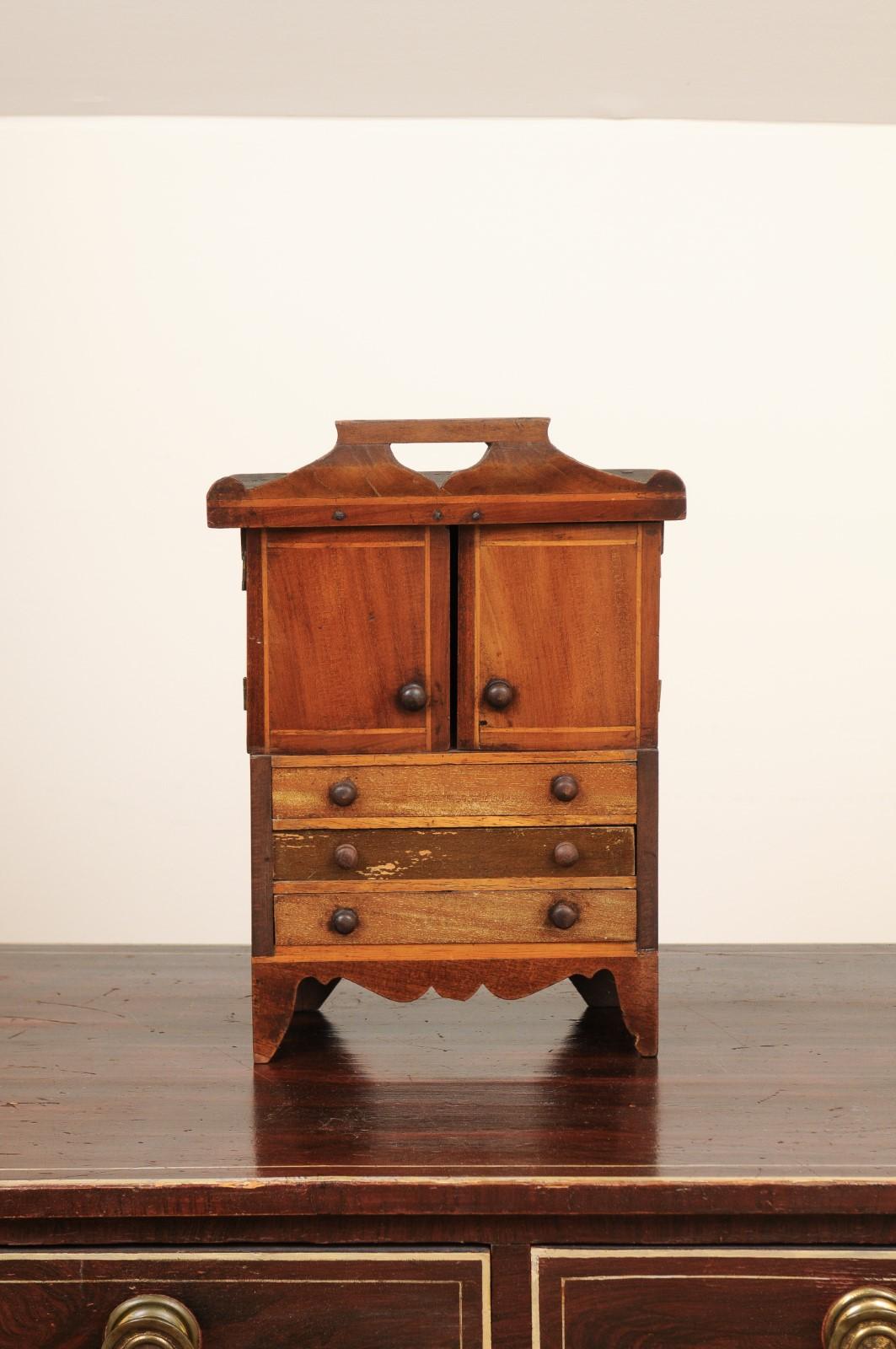 English 1890s Fruitwood Miniature Cabinet with Petite Doors and Three Drawers 10