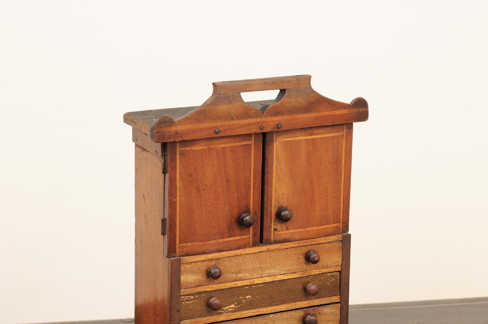 19th Century English 1890s Fruitwood Miniature Cabinet with Petite Doors and Three Drawers