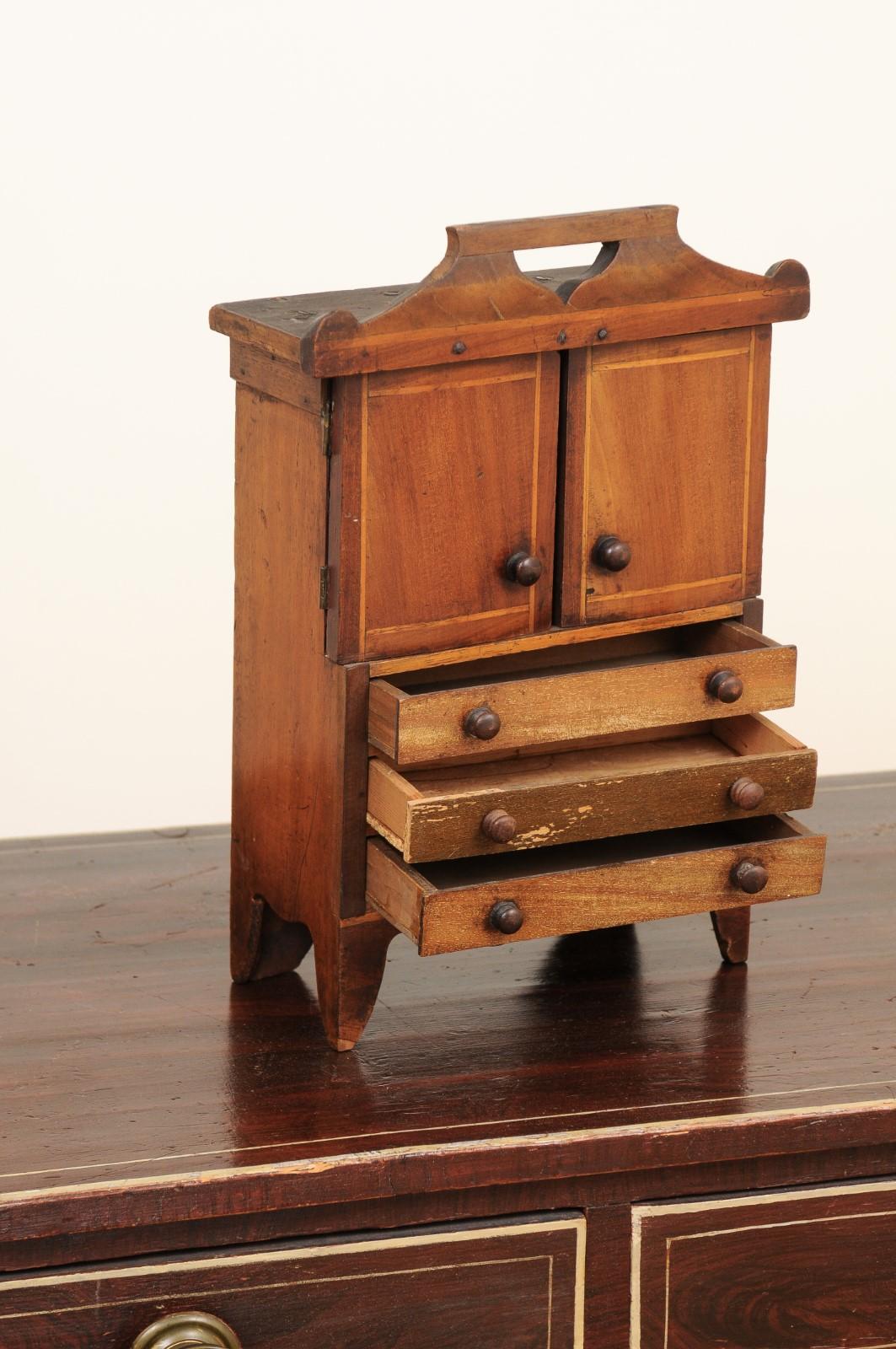 English 1890s Fruitwood Miniature Cabinet with Petite Doors and Three Drawers 2