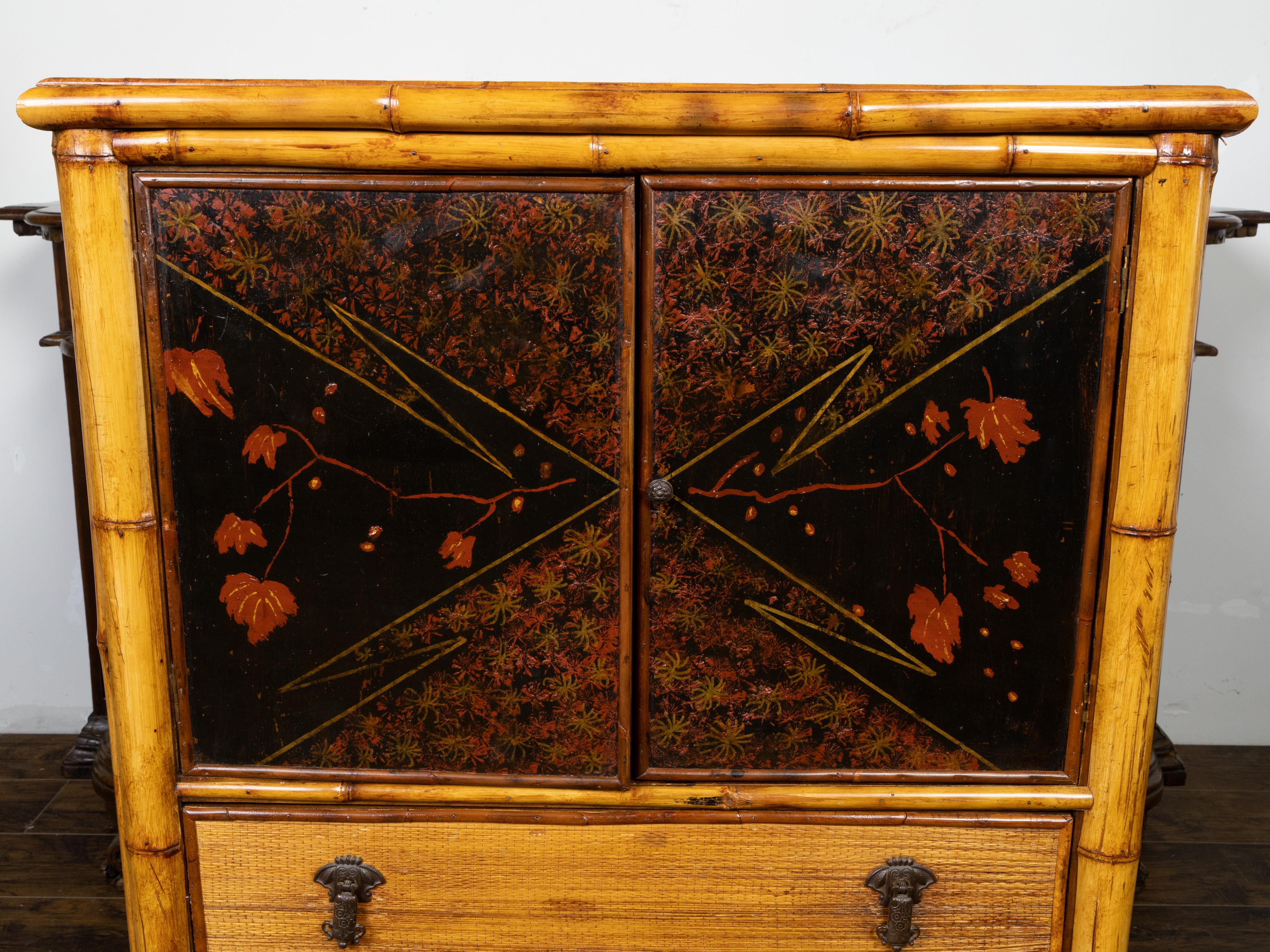 English 1890s Japonism Bamboo Cabinet with Two Doors and Three Drawers For Sale 5