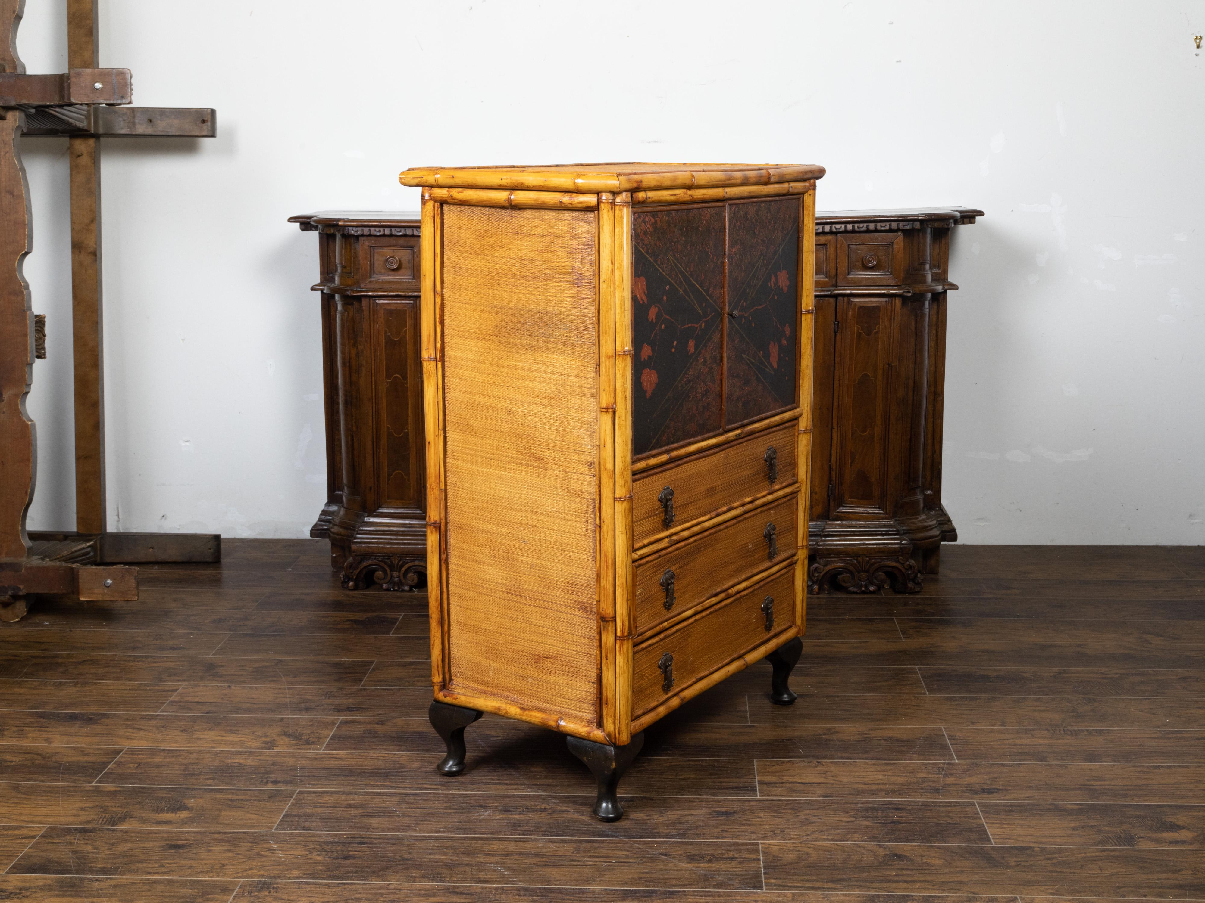 19th Century English 1890s Japonism Bamboo Cabinet with Two Doors and Three Drawers For Sale