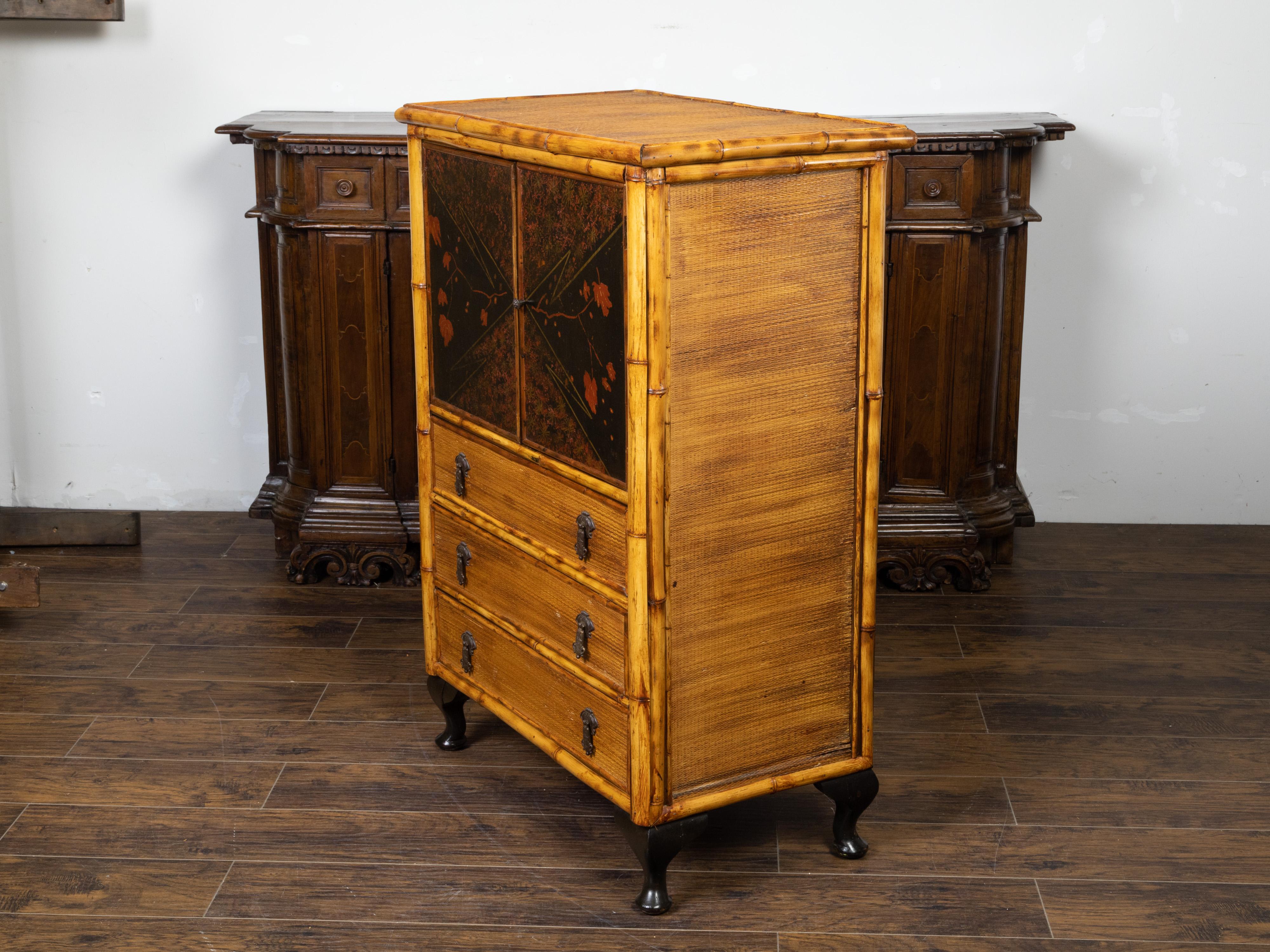 English 1890s Japonism Bamboo Cabinet with Two Doors and Three Drawers For Sale 4