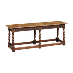 Antique English 1890s Oak Bench with Scoop Motifs, Turned Legs and Side Stretchers
