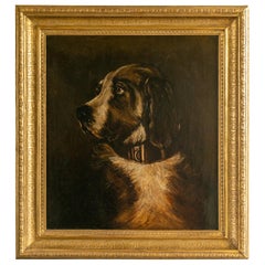 English 1890s Oil on Canvas Dog Painting in Antique Giltwood Frame