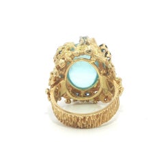 English 18k Gold GIA Cat's Eye Aquamarine w/ Sapphire & Diamond Textured Ring