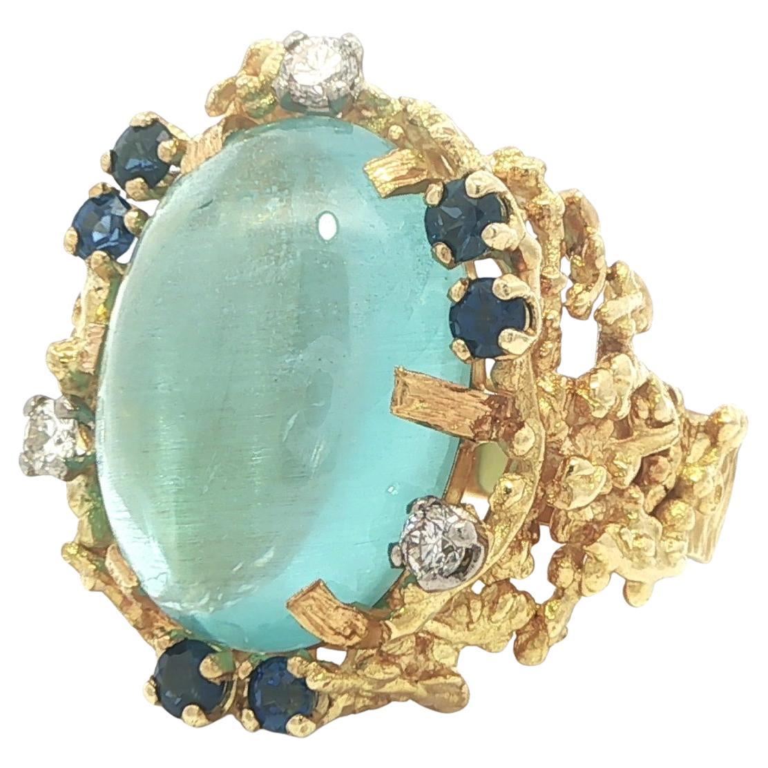 English 18k Gold GIA Cat
s Eye Aquamarine w/ Sapphire 
Diamond Textured Ring im Angebot