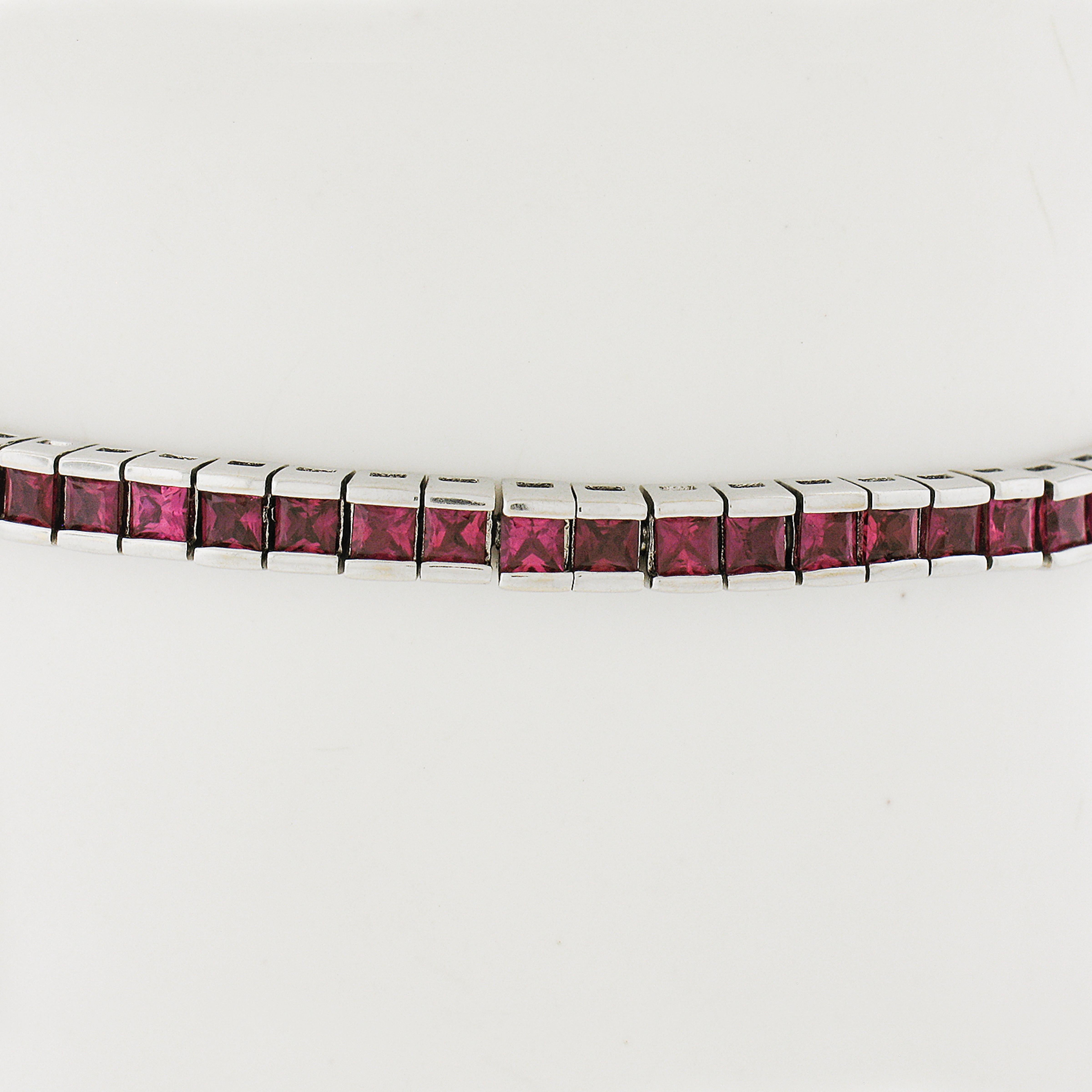 English 18k White Gold 5.12ctw Gia Square Burma Ruby Tennis Line Bracelet In Good Condition For Sale In Montclair, NJ