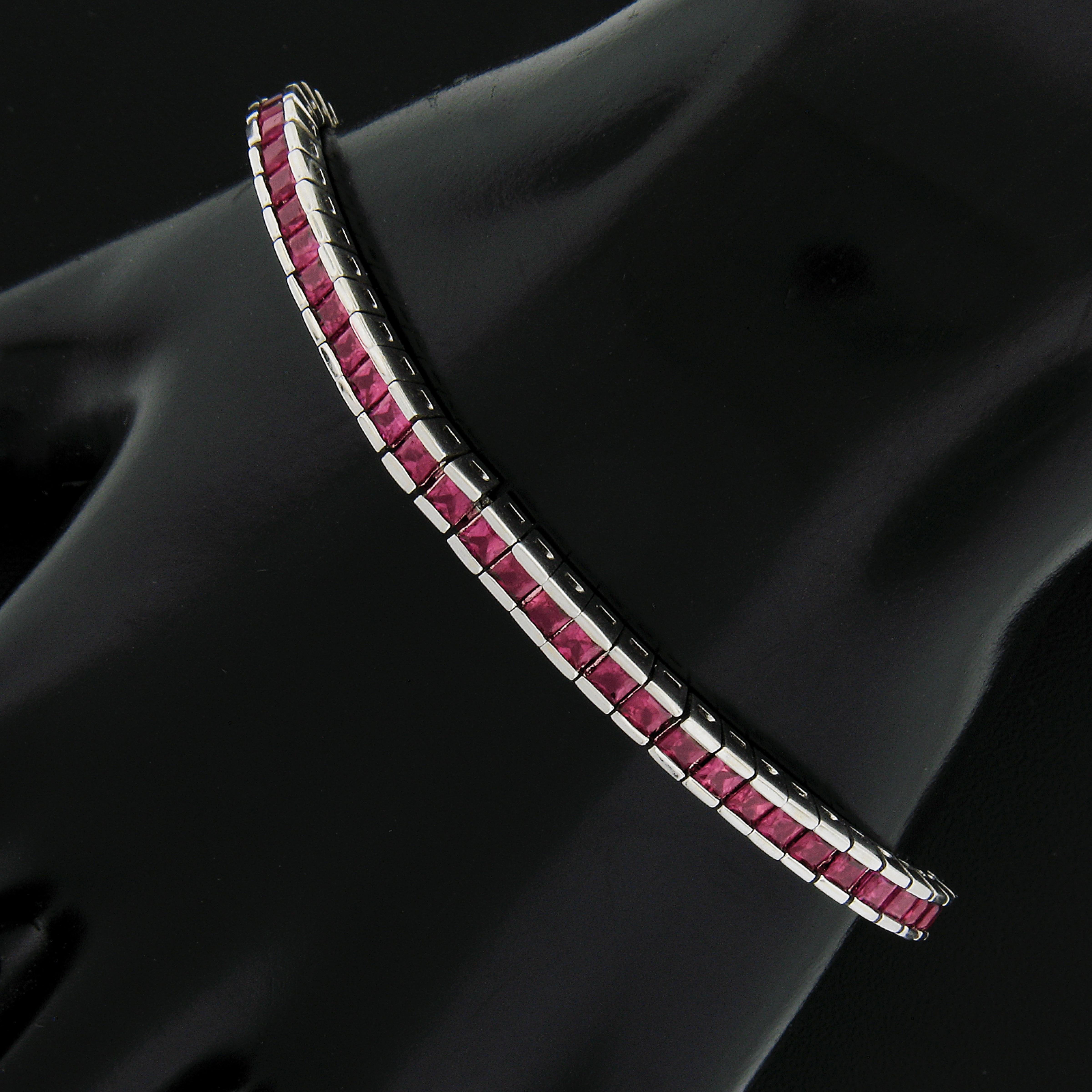 Women's English 18k White Gold 5.12ctw Gia Square Burma Ruby Tennis Line Bracelet For Sale