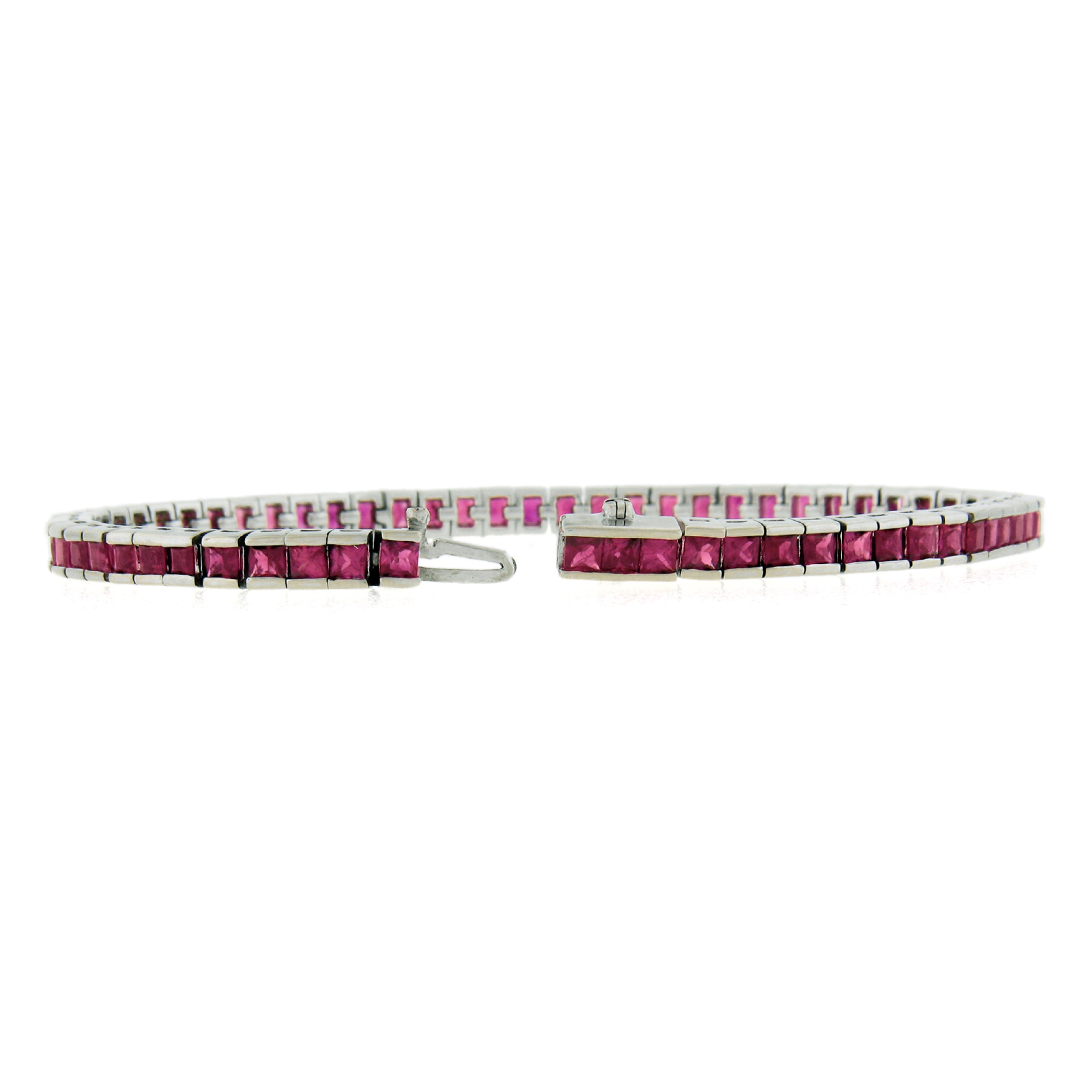 English 18k White Gold 5.12ctw Gia Square Burma Ruby Tennis Line Bracelet For Sale 1