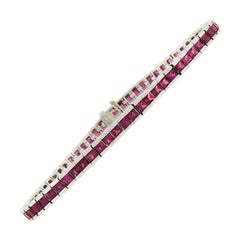 Inglés 18k Oro Blanco 5.12ctw Gia Cuadrado Birmania Rubí Tenis Línea Pulsera