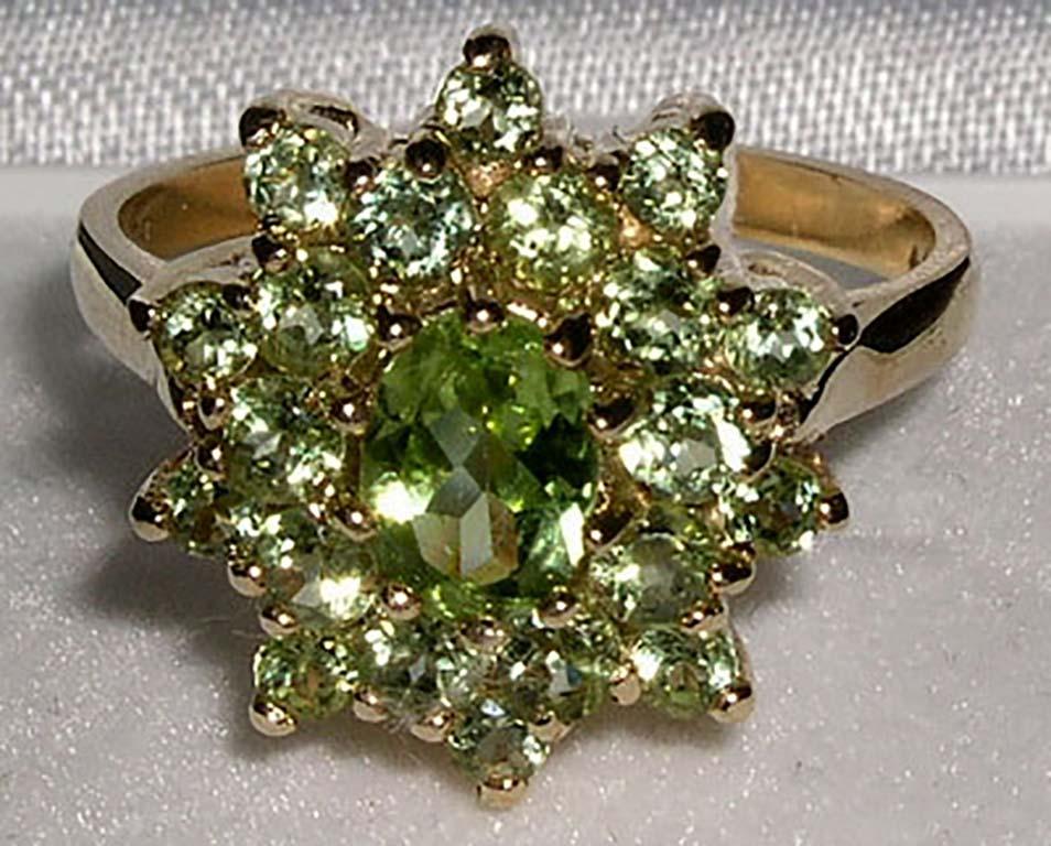 For Sale:  English 18K Yellow Gold, Natural Peridot Cluster Ring, Customizable 4