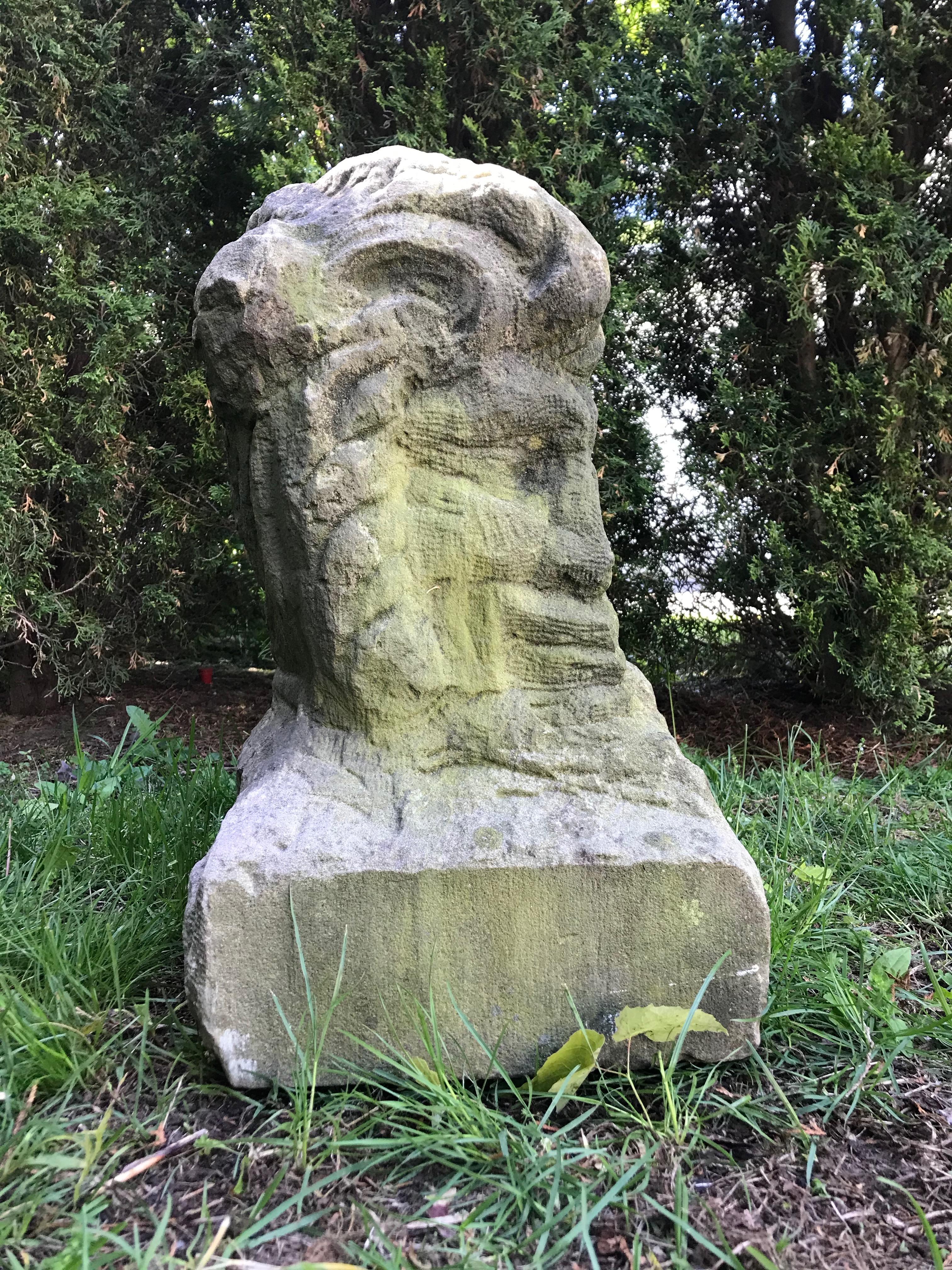 What a find! This large hand-carved sandstone bust of Cernunnos, the horned Celtic god of the forest and also known as the 