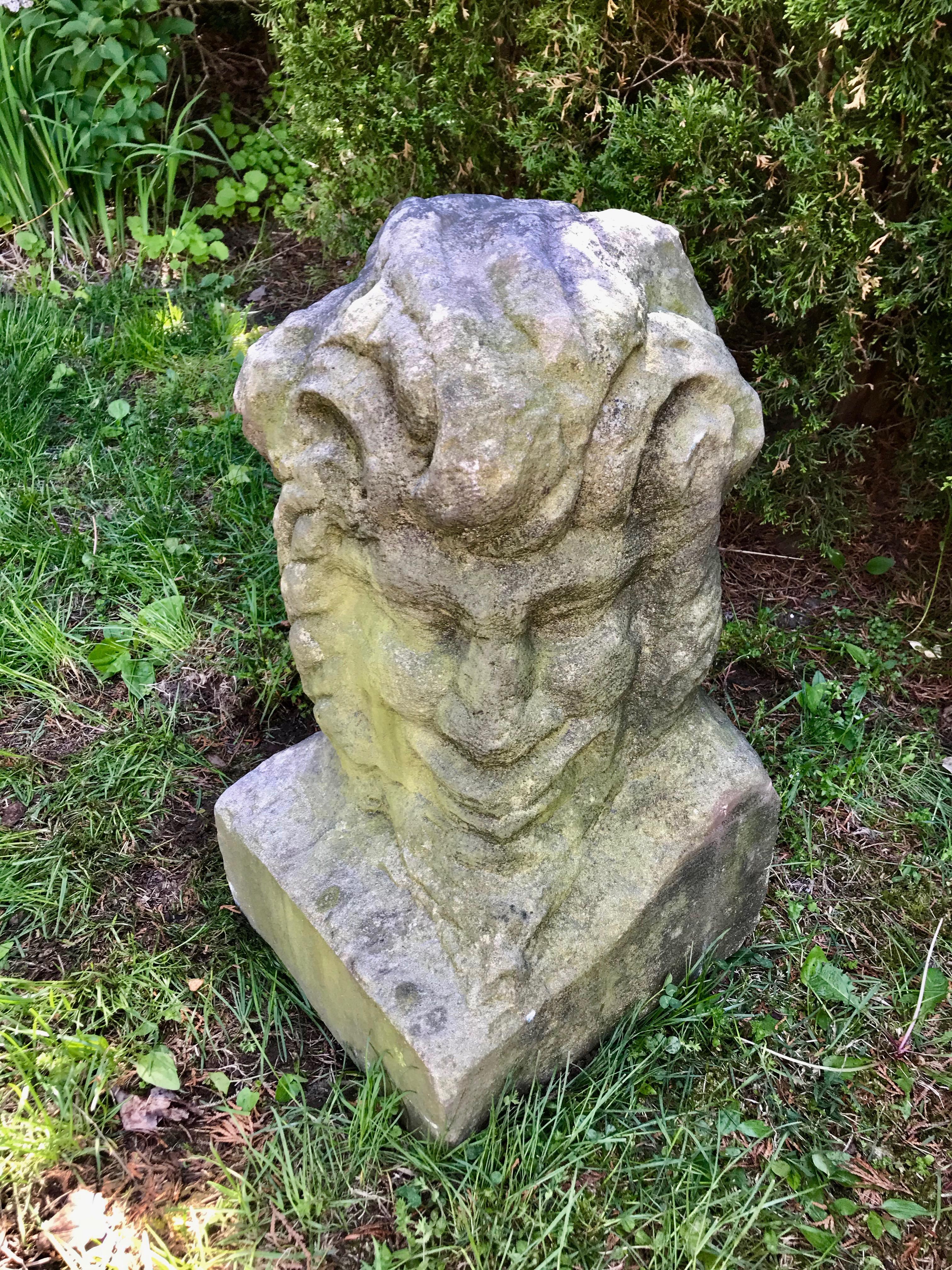 Sandstone English 18th C Hand-Carved Bust of Cernunnos or Green Man For Sale