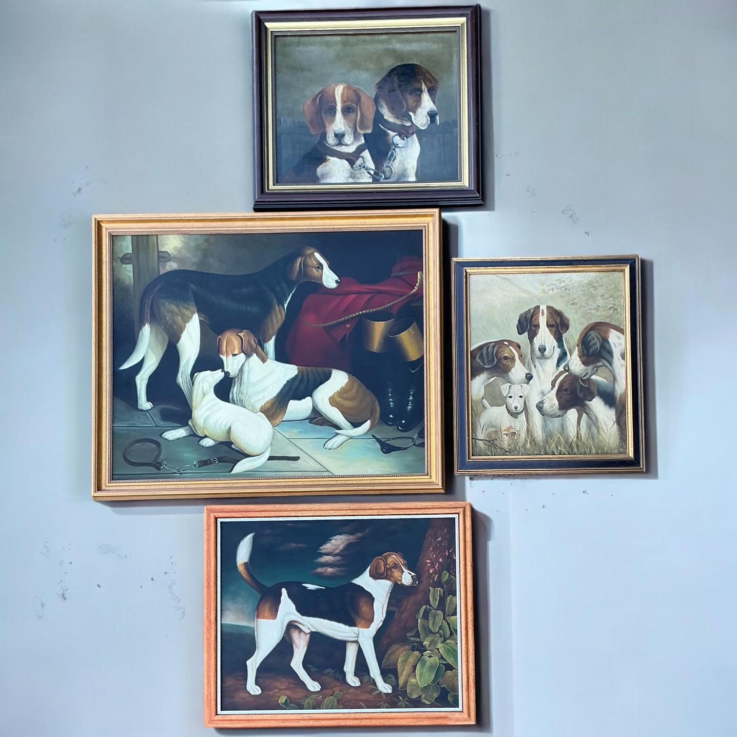 This is a set of four handsome 18th century English hunt and hound dog oil paintings by Cheslsea House. They date to the 80s. Only two have the Chelsea House labels. They are very detailed reproductions that are inspired by renowned English artists