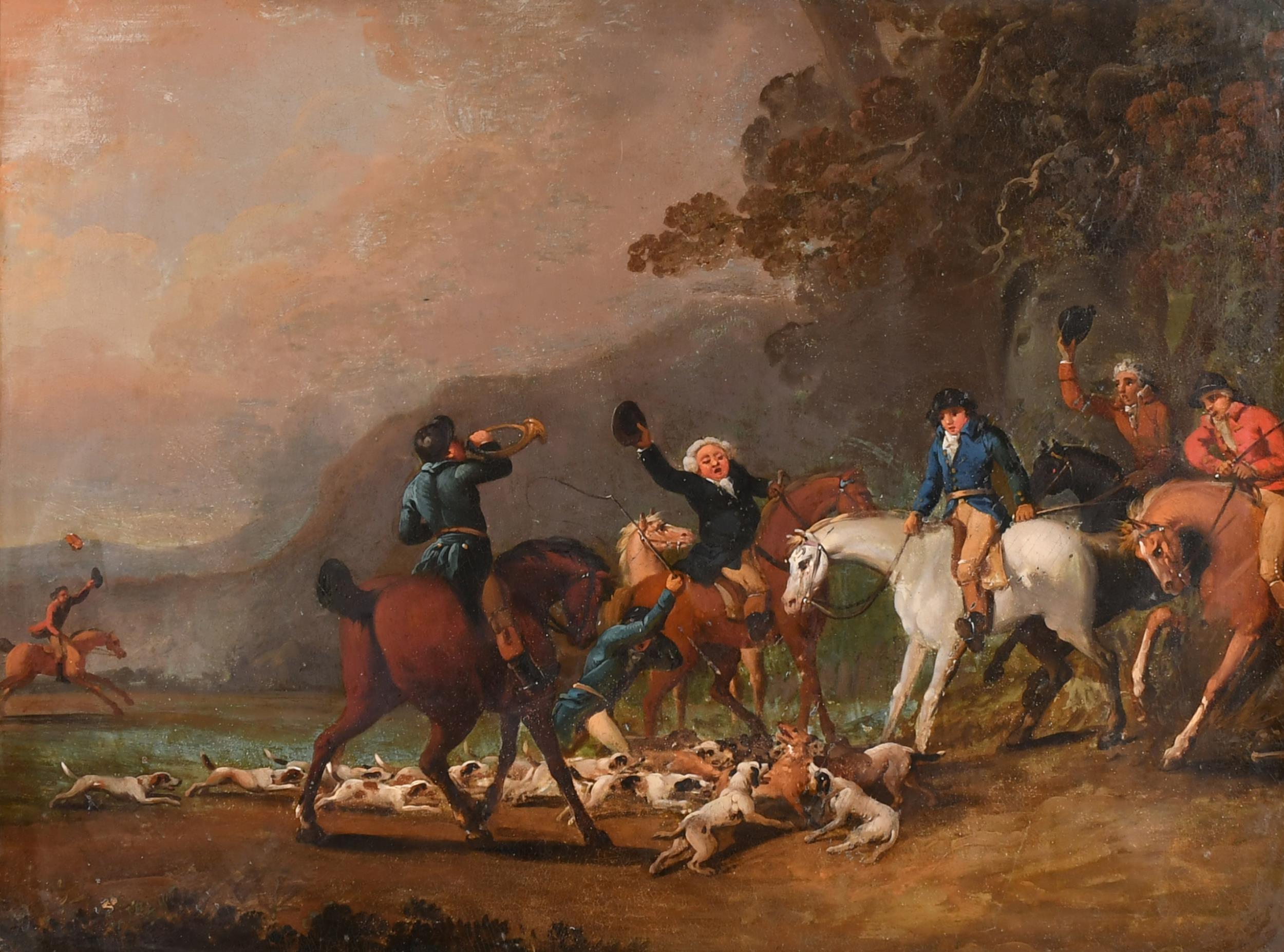English Fox Hunting Scene
English School, 18th century
oil painting on metal, framed
painting size: 15.75 x 19.75 inches
framed: 22 x 26 inches
condition: very good and presentable
provenance: private UK collection
