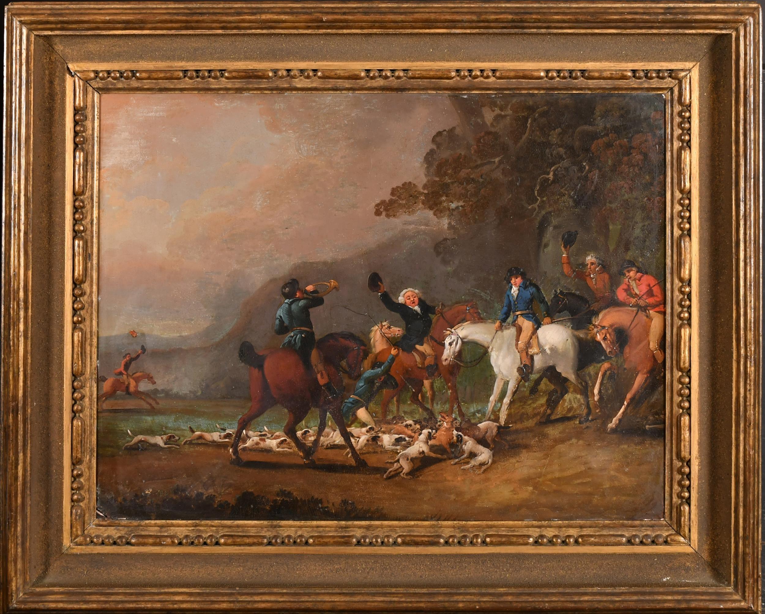 English 18th Century  Animal Painting - 18th Century English Sporting Art Oil Painting Hunting Scene Riders & Horses