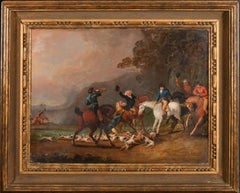 Peinture à l'huile anglaise du 18e siècle représentant une scène de chasse, des cavaliers et des chevaux